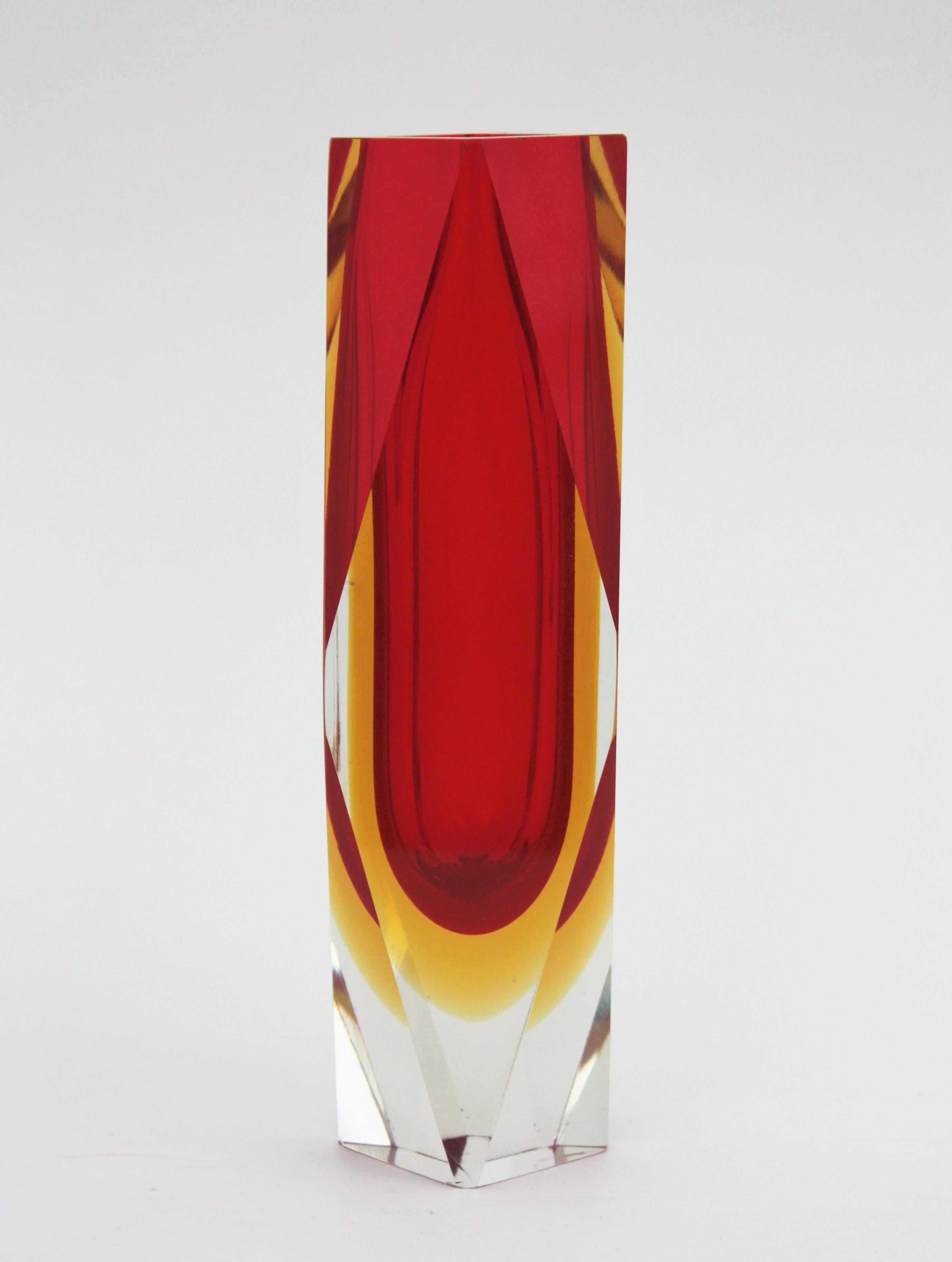 20th Century Huge Mandruzzato Murano Faceted Sommerso Red and Yellow Art Glass Vase
