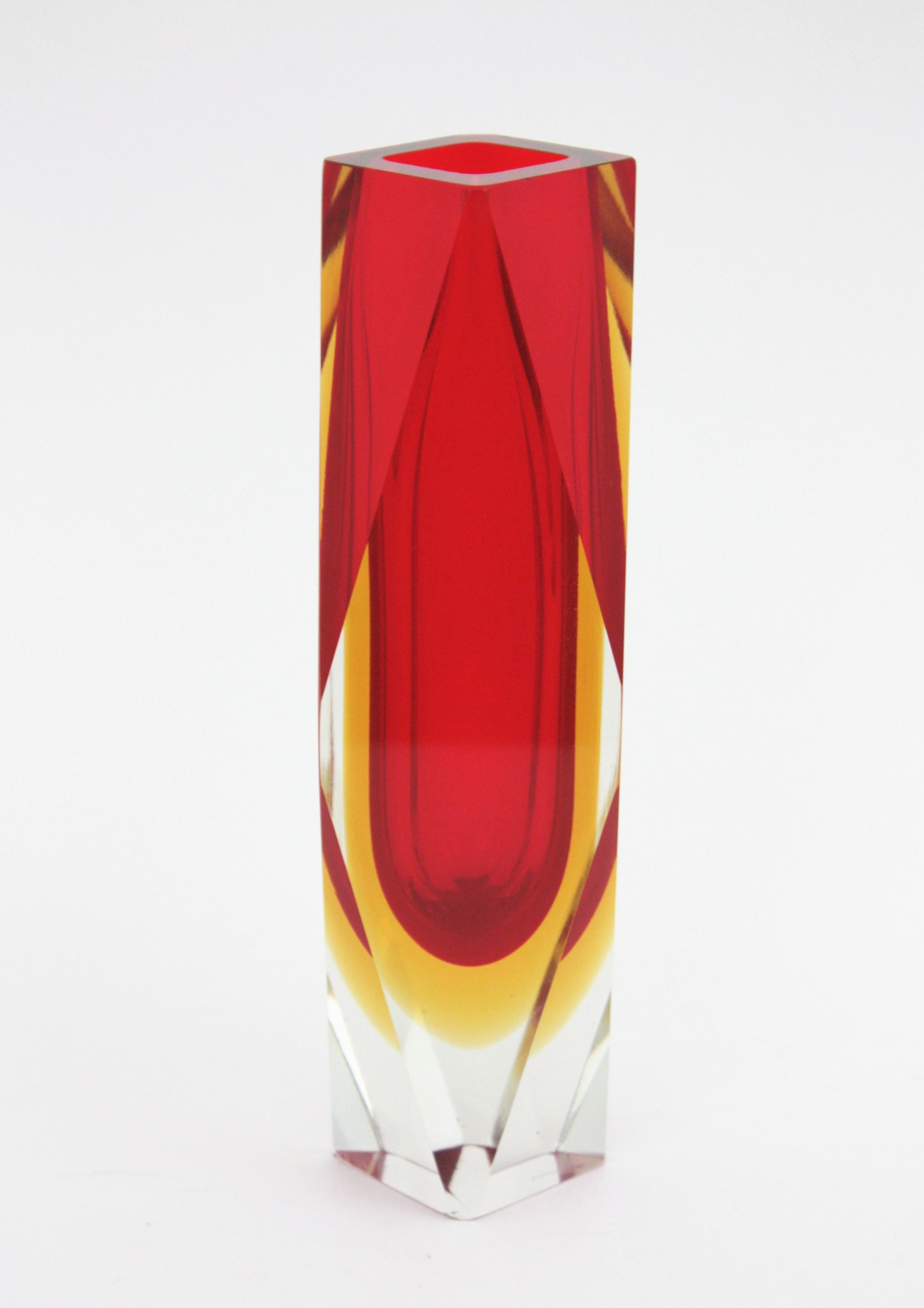 Huge Mandruzzato Murano Faceted Sommerso Red and Yellow Art Glass Vase 1