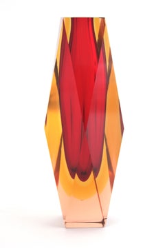 Huge Mandruzzato Murano Faceted Sommerso Red Yellow Pink Art Glass Vase