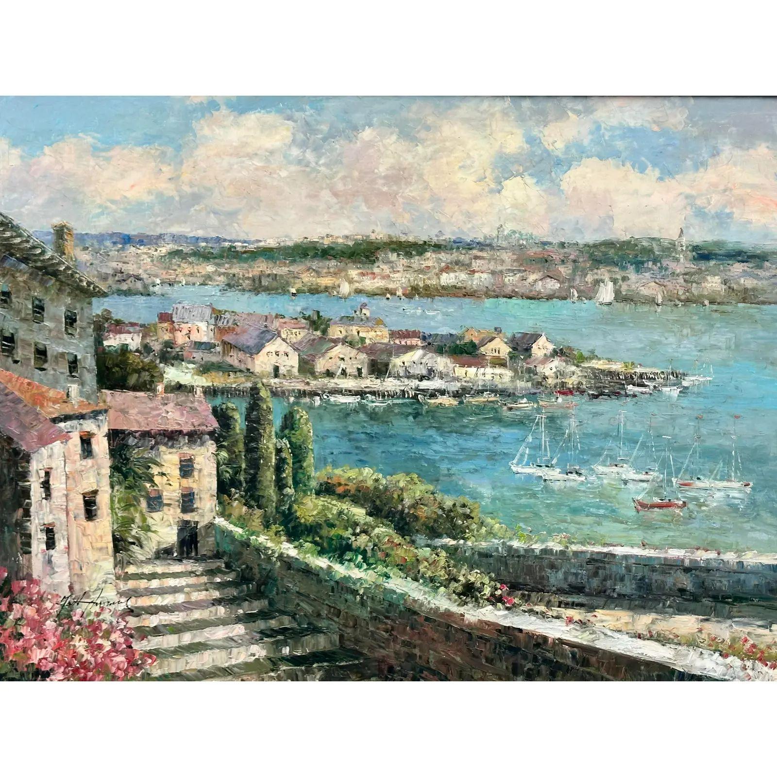 Huge Matt Thomas Italian Seascape Oil Painting - Merritt Young Gallery. It is beautifully framed in a white gold gilt wood frame and is entitled Harbor Vantage.
Additional information:
Materials: Gold, Wood
Color: Blue
Period: 1990s
Art