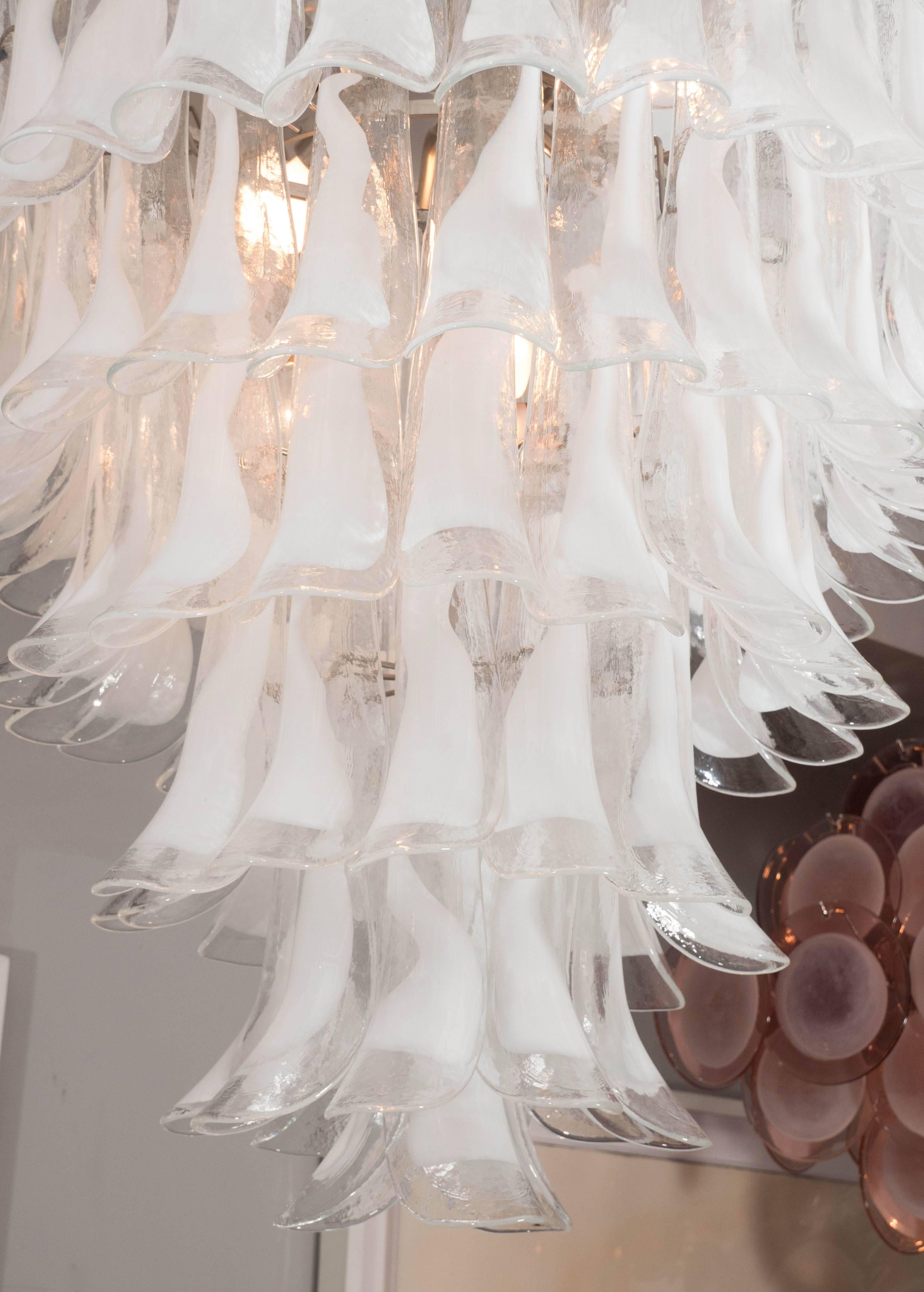 Custom Mazzega (white and clear) glass petal chandeliers in 24