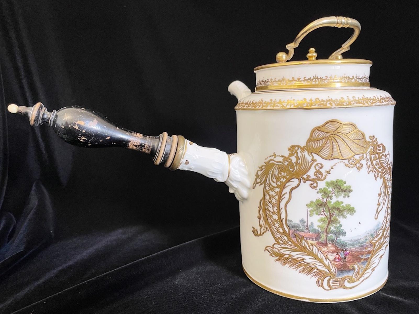 Hand-Painted Huge Meissen Chocolatiere with Rich Gilding and Landscapes, 1750 For Sale