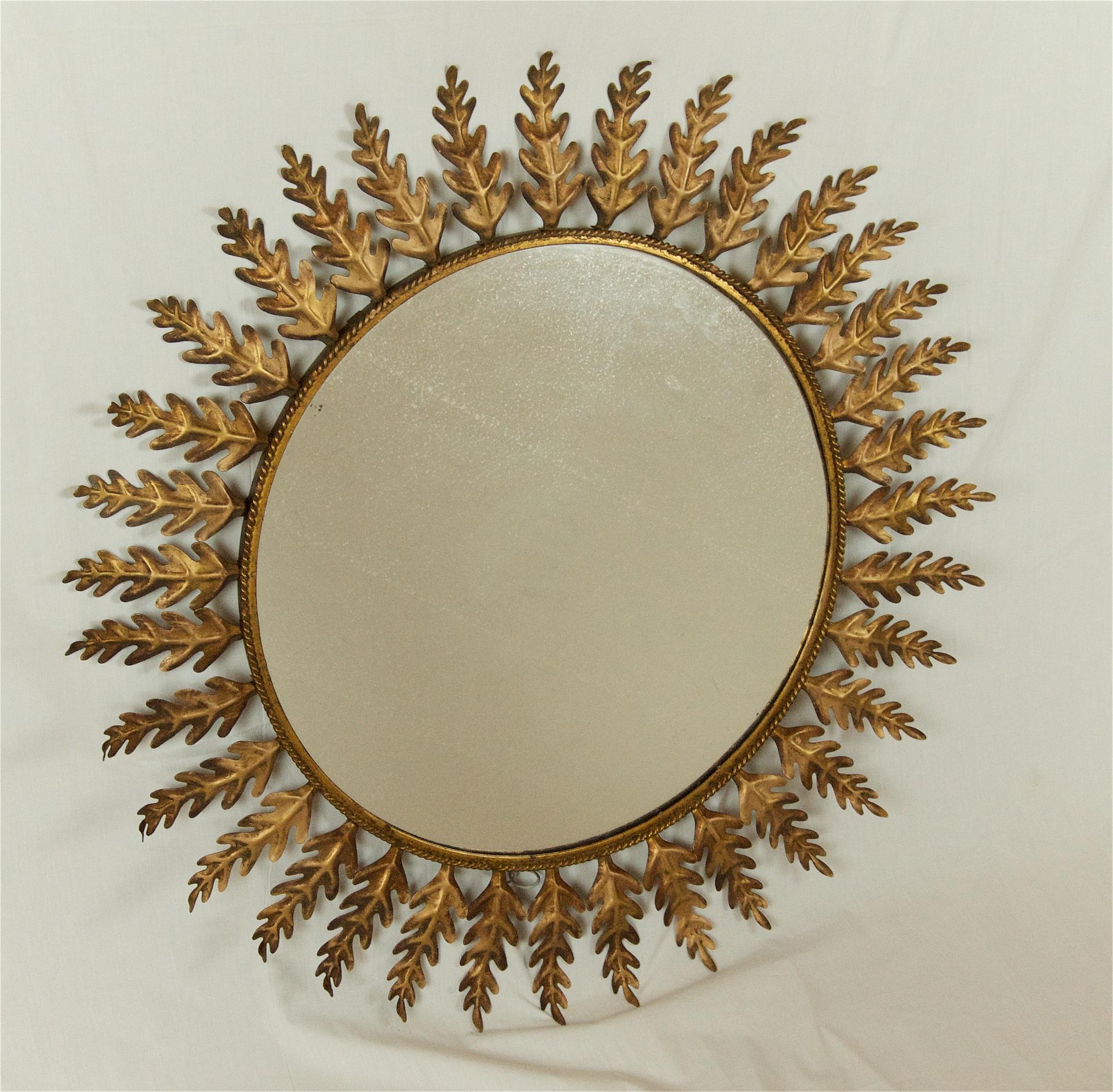 Mid-Century Modern Huge Metal Round Leafed Sunburst Mirror For Sale