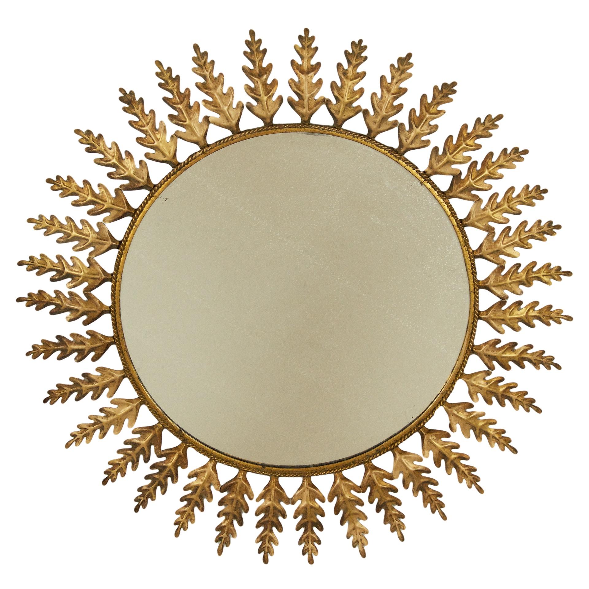 Huge Metal Round Leafed Sunburst Mirror For Sale