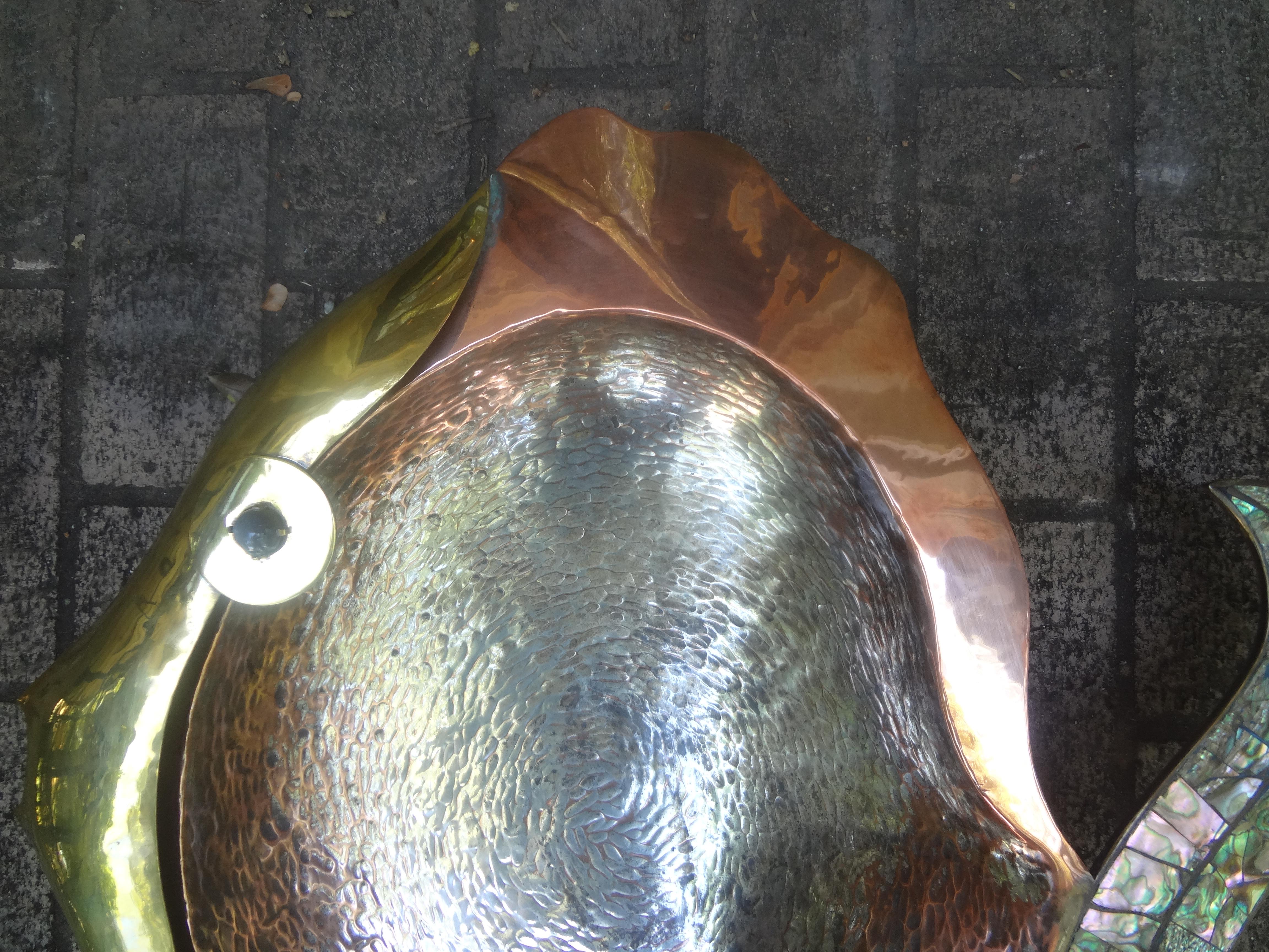 Brass Huge Mexican Modernist Mixed Metal And Abalone Fish Bowl  For Sale