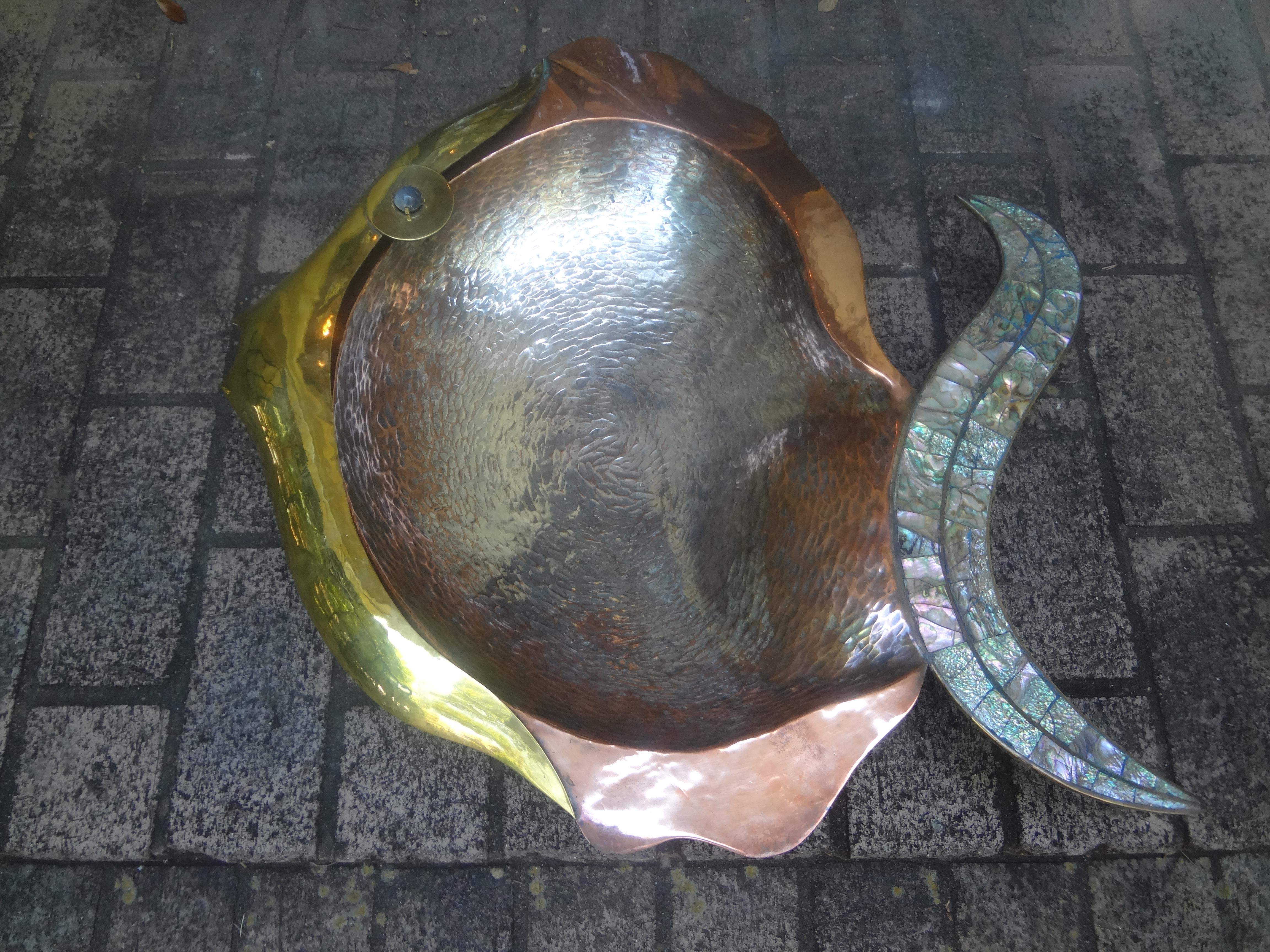 Brass Huge Mexican Modernist Mixed Metal And Abalone Fish Bowl  For Sale
