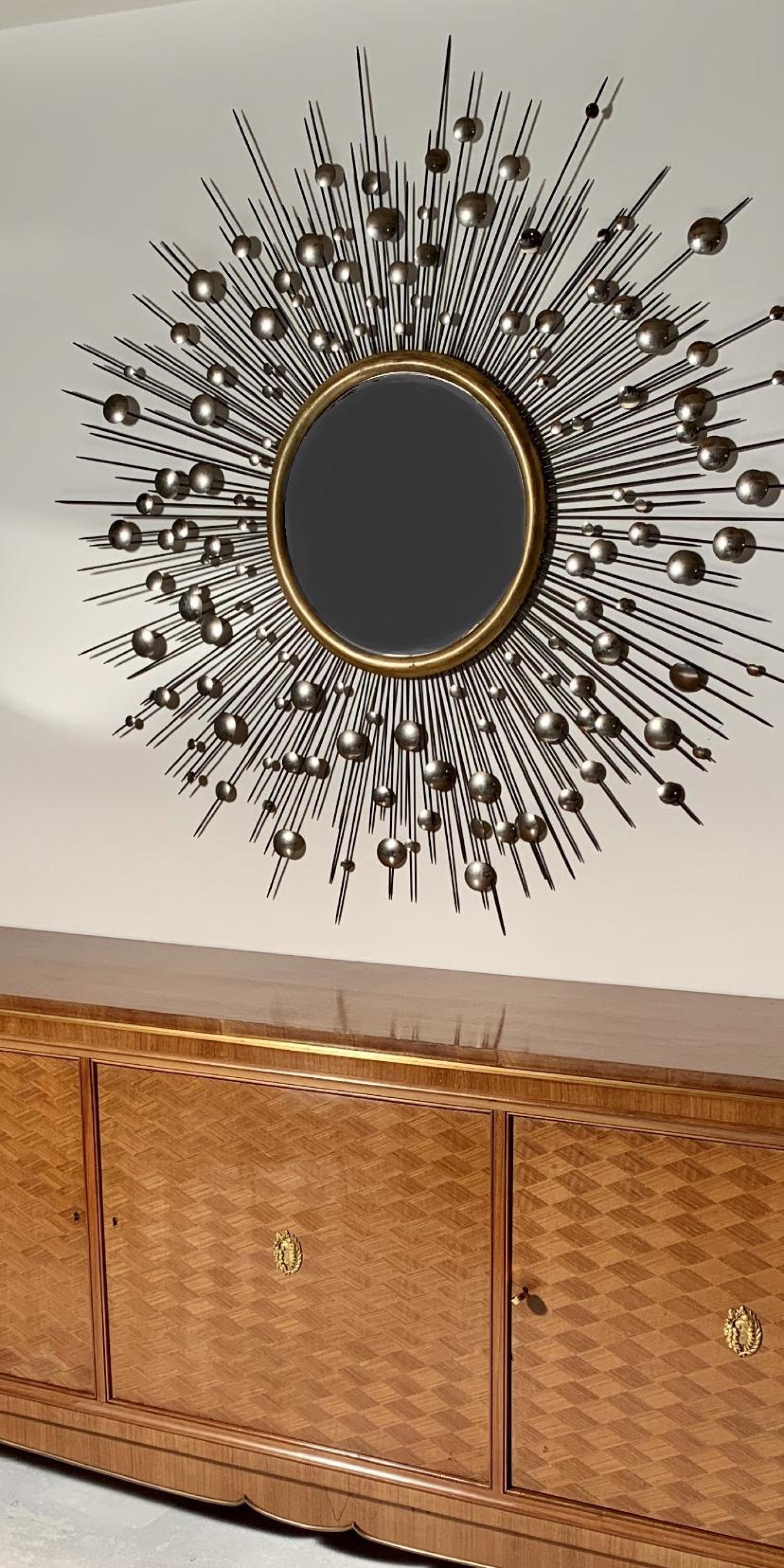 Mid-Century Modern Huge Mid-Century Convex Brass and Steel Star Sunburst Mirror