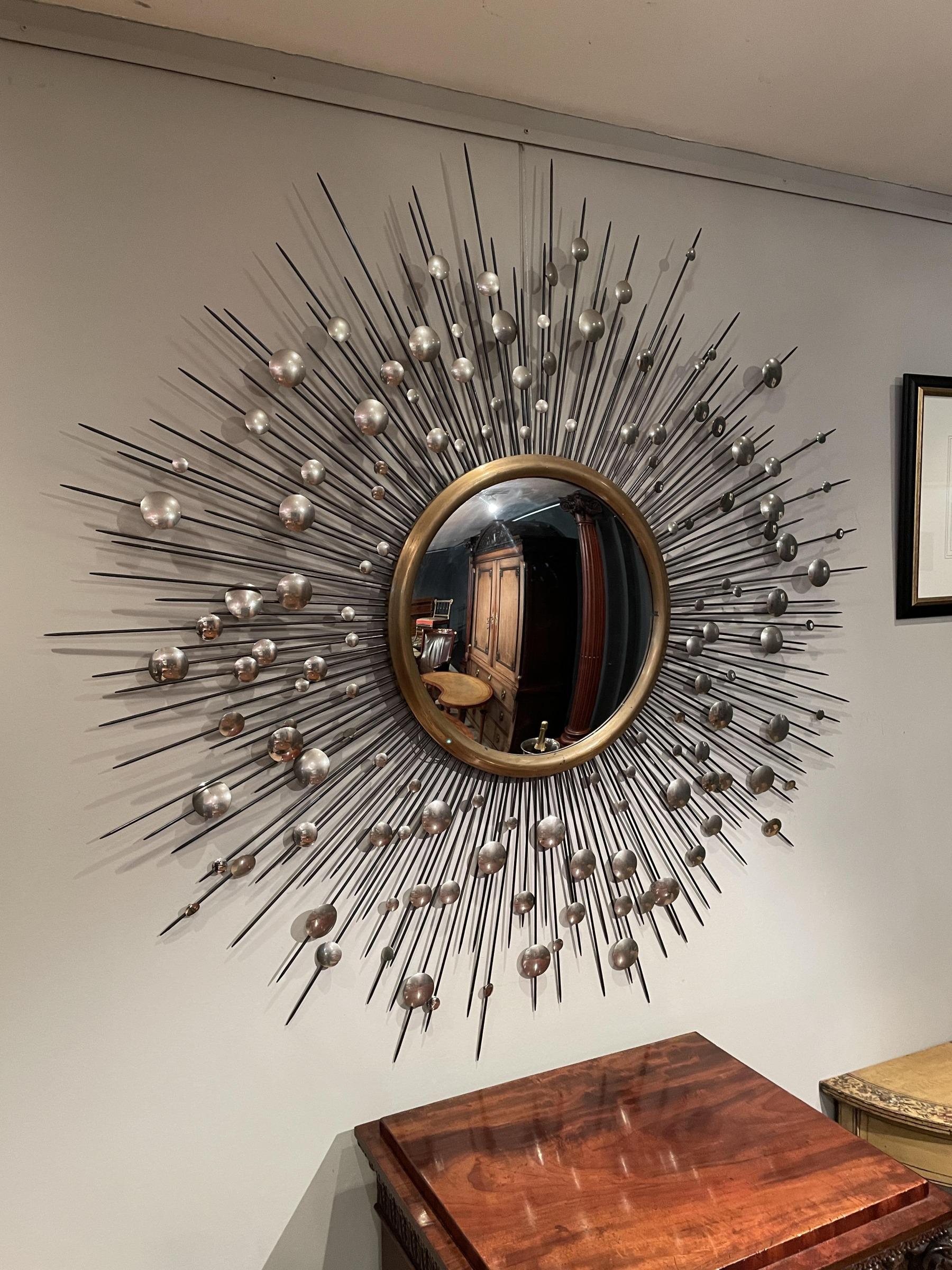 Huge Mid-Century Convex Brass and Steel Star Sunburst Mirror 1