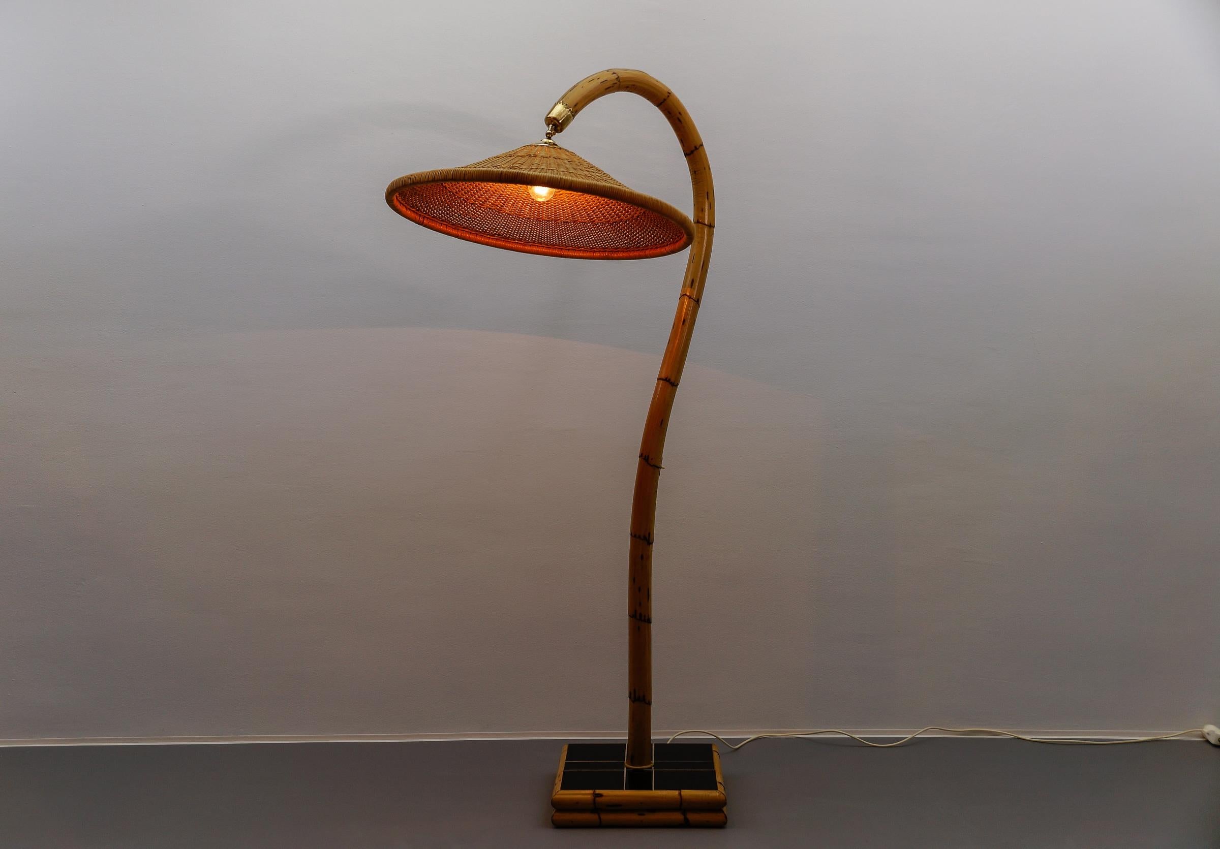 Italian Huge Mid-Century Modern Bamboo, Brass & Rattan Arc Floor Lamp, Italy 1950s For Sale