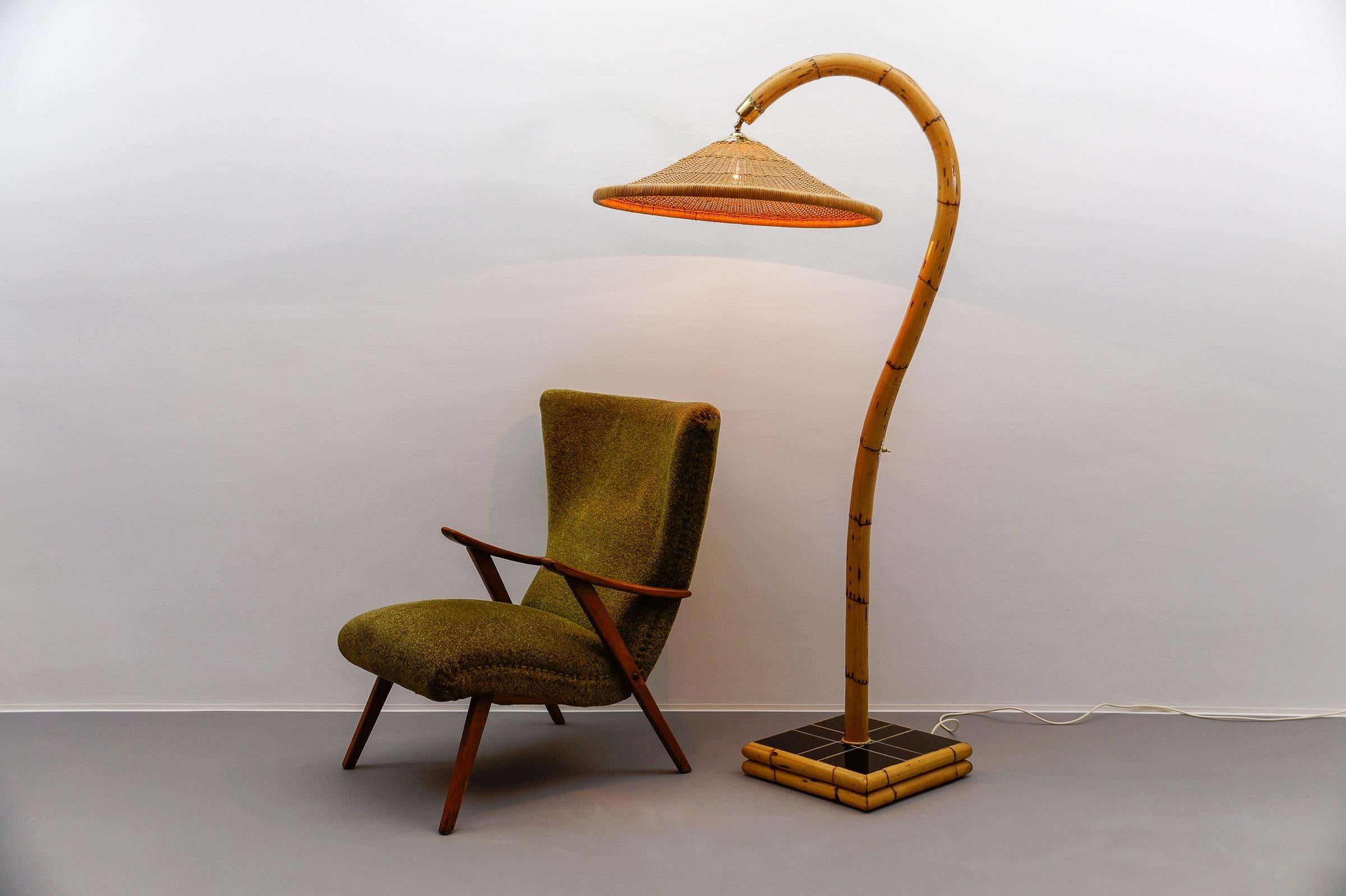 Mid-20th Century Huge Mid-Century Modern Bamboo, Brass & Rattan Arc Floor Lamp, Italy 1950s For Sale