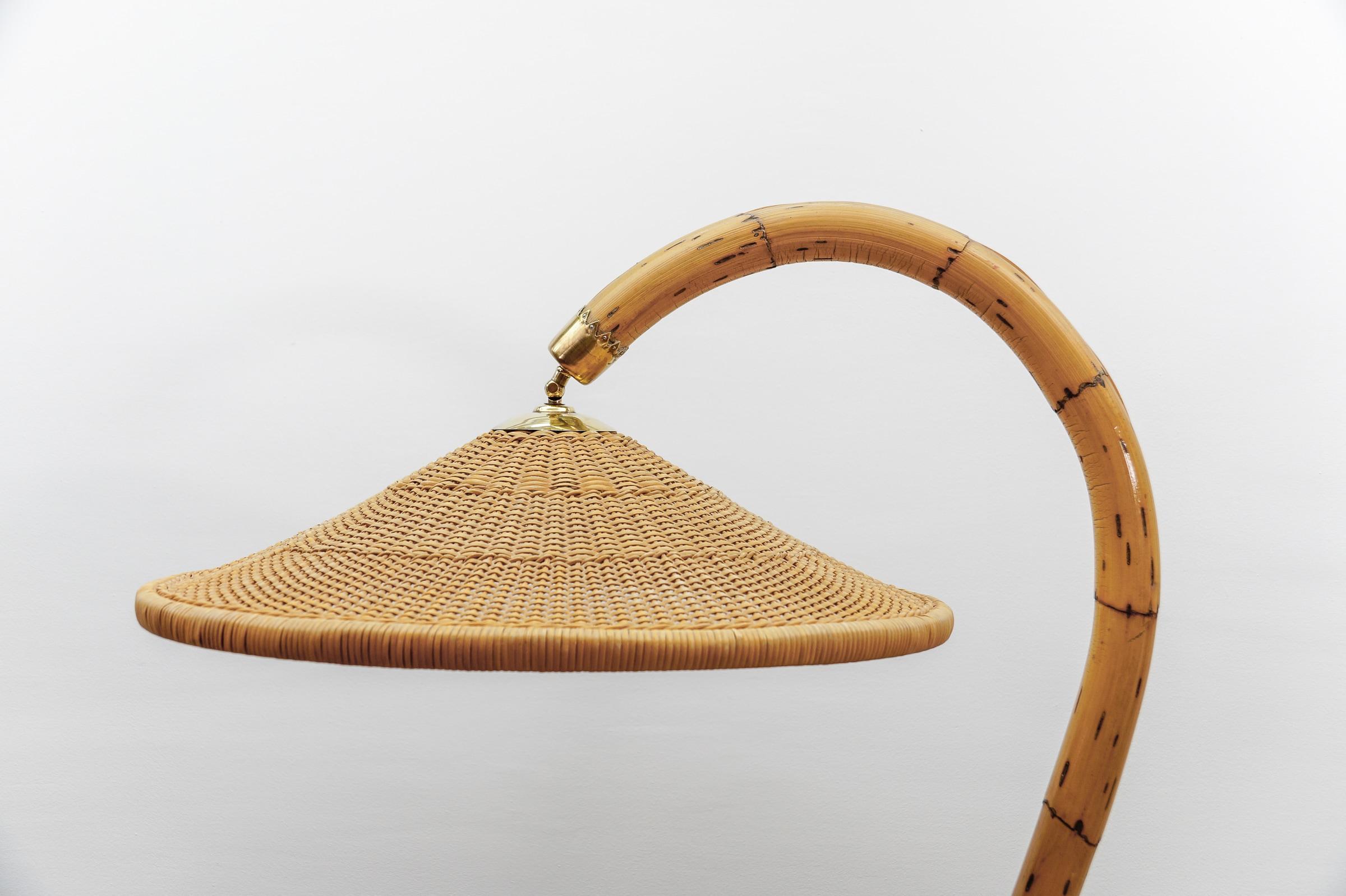 Huge Mid-Century Modern Bamboo, Brass & Rattan Arc Floor Lamp, Italy 1950s For Sale 1