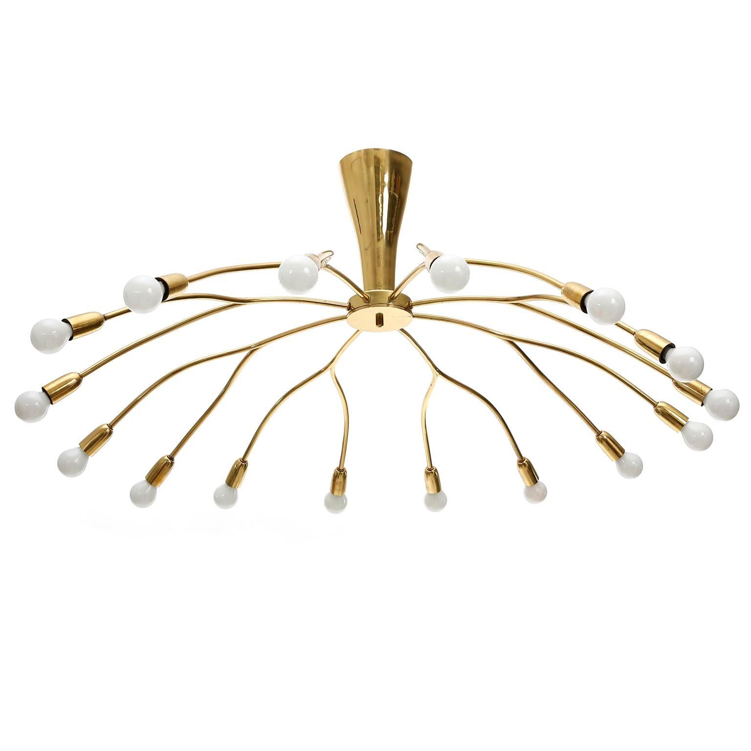 Polished Huge Mid-Century Modern Brass Sputnik Spider Flush Mount Light Chandelier, 1960s For Sale