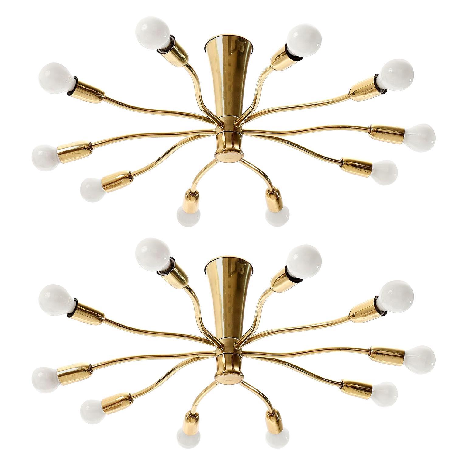 Huge Mid-Century Modern Brass Sputnik Spider Flush Mount Light Chandelier, 1960s For Sale 1