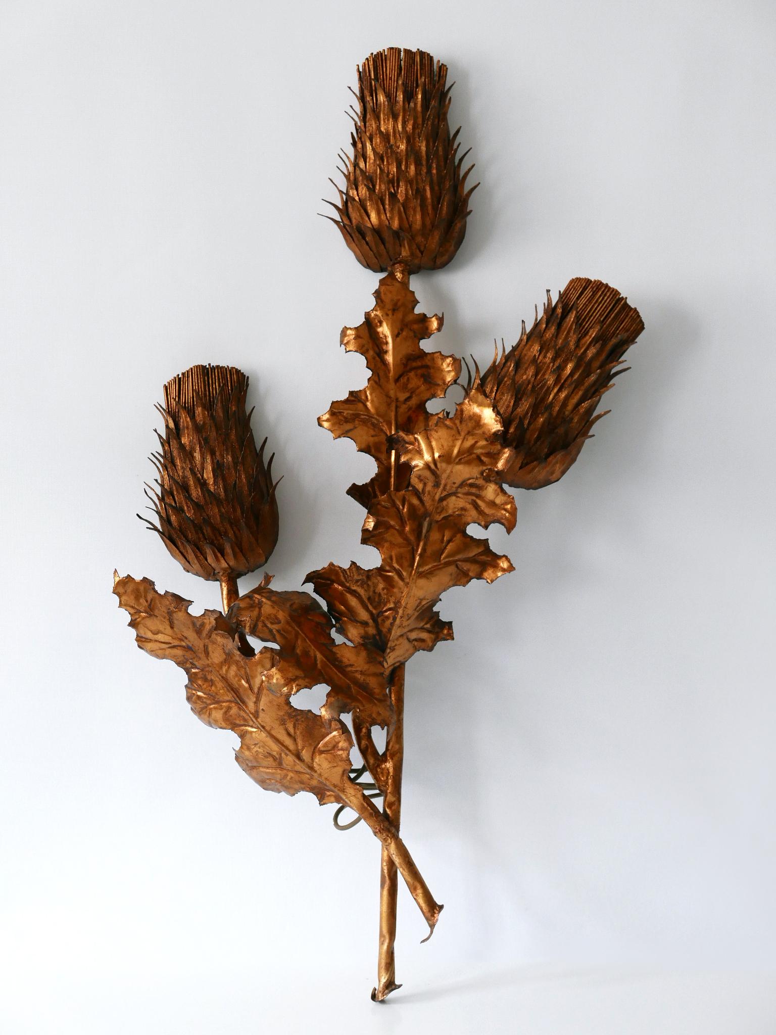 Huge Mid-Century Modern Gilt Metal Three Flamed Thistle Flower Sconce 1960s For Sale 5