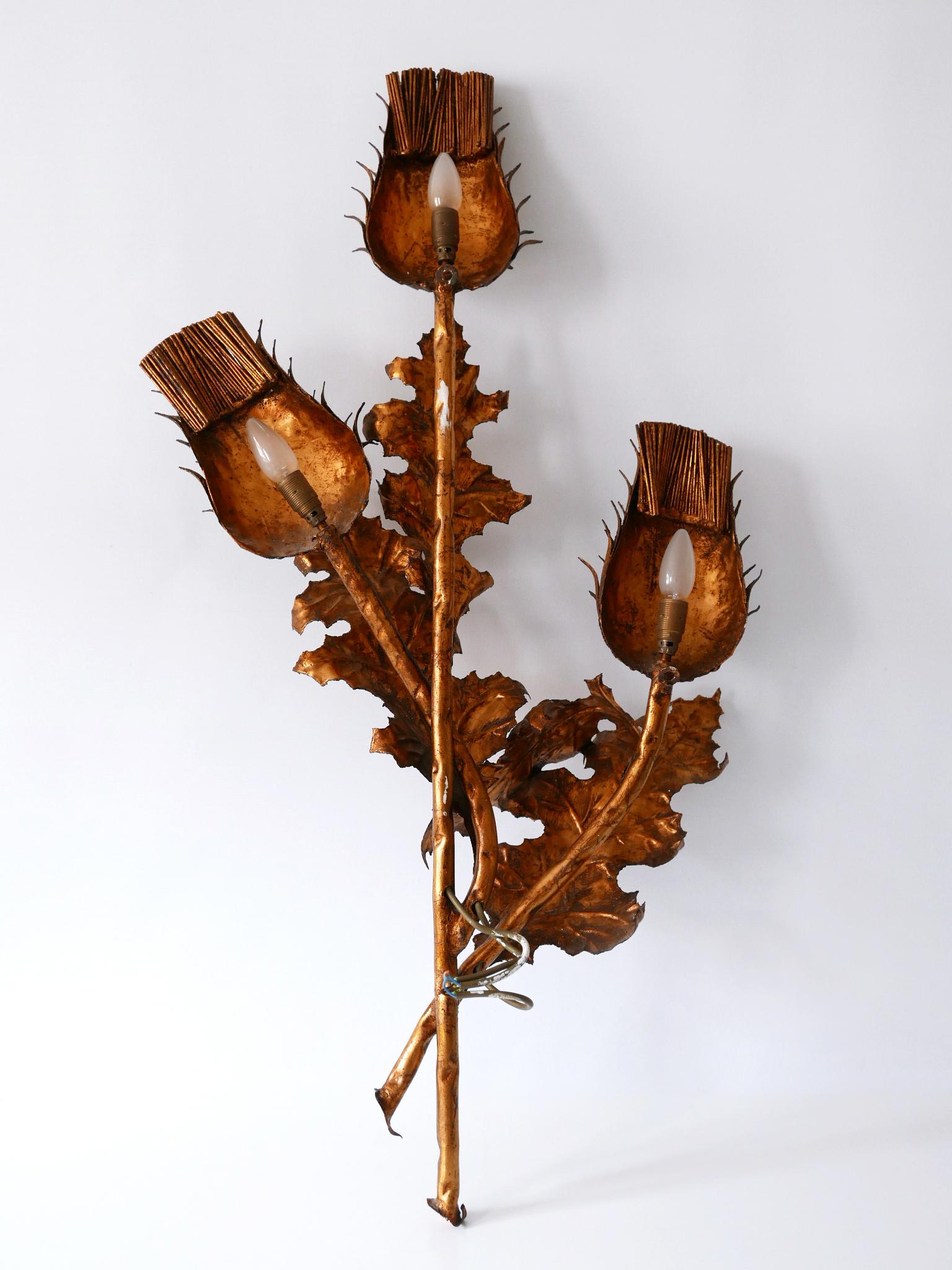 Huge Mid-Century Modern Gilt Metal Three Flamed Thistle Flower Sconce 1960s For Sale 9