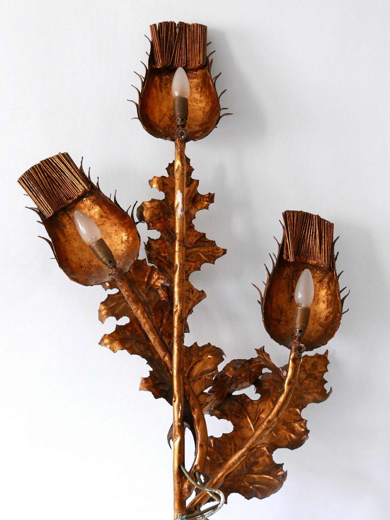 Huge Mid-Century Modern Gilt Metal Three Flamed Thistle Flower Sconce 1960s For Sale 10