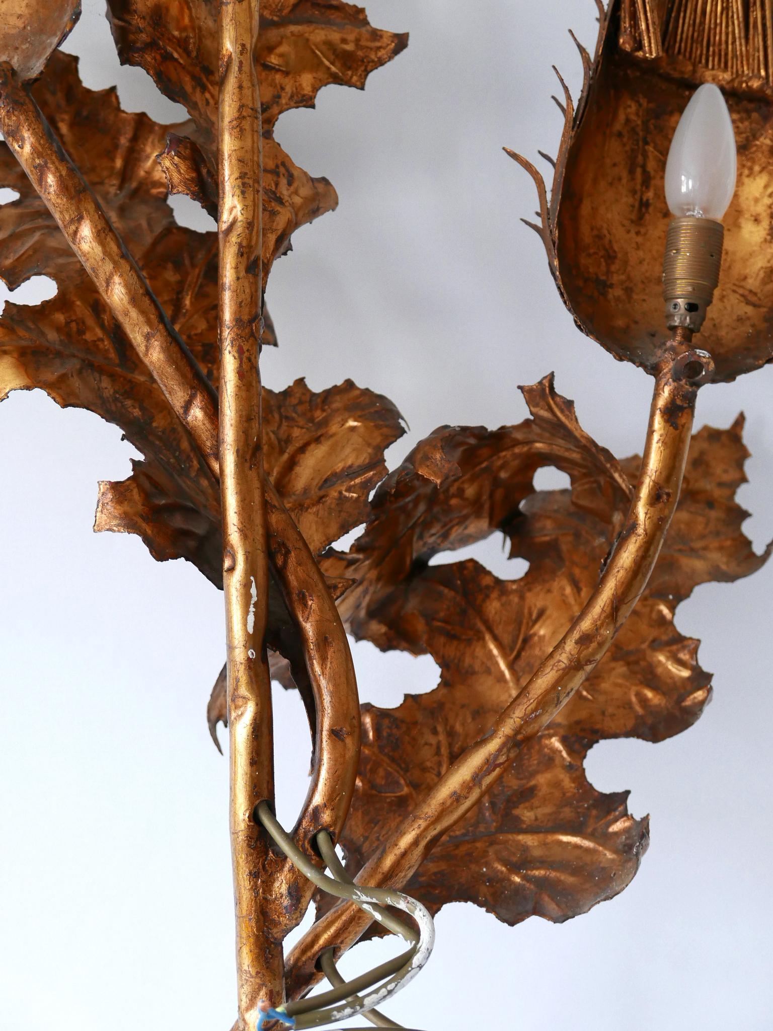 Huge Mid-Century Modern Gilt Metal Three Flamed Thistle Flower Sconce 1960s For Sale 14