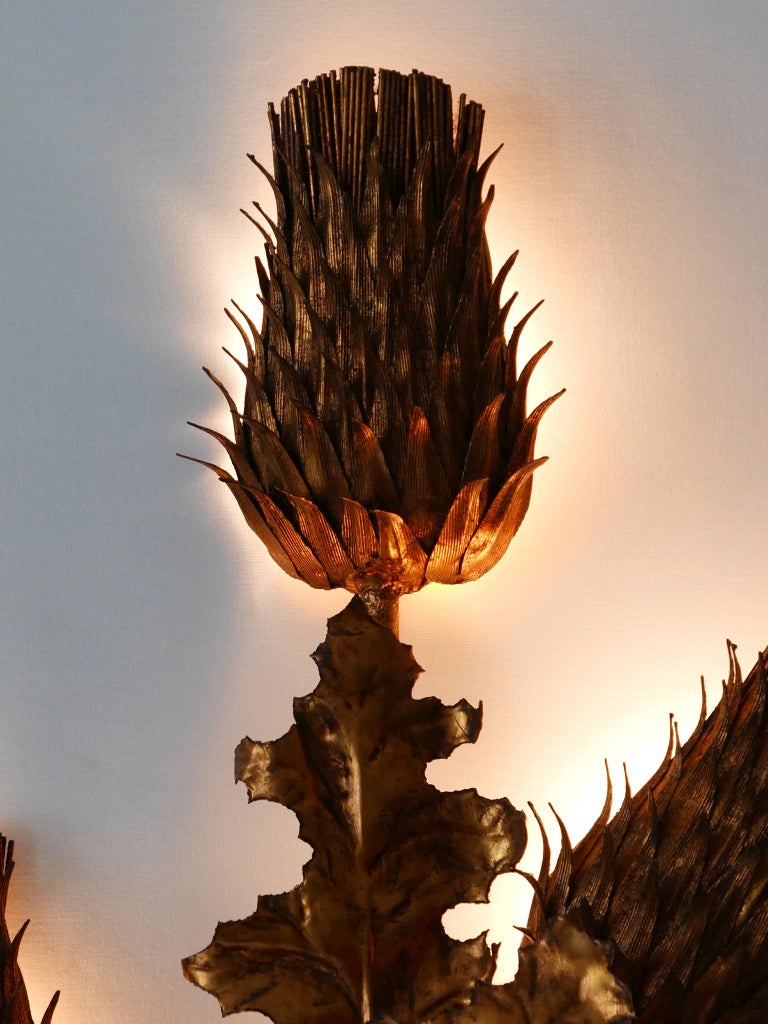 Huge MidCentury Modern Gilt Metal Three Flamed Thistle Flower Sconce 1960s For Sale at 1stDibs