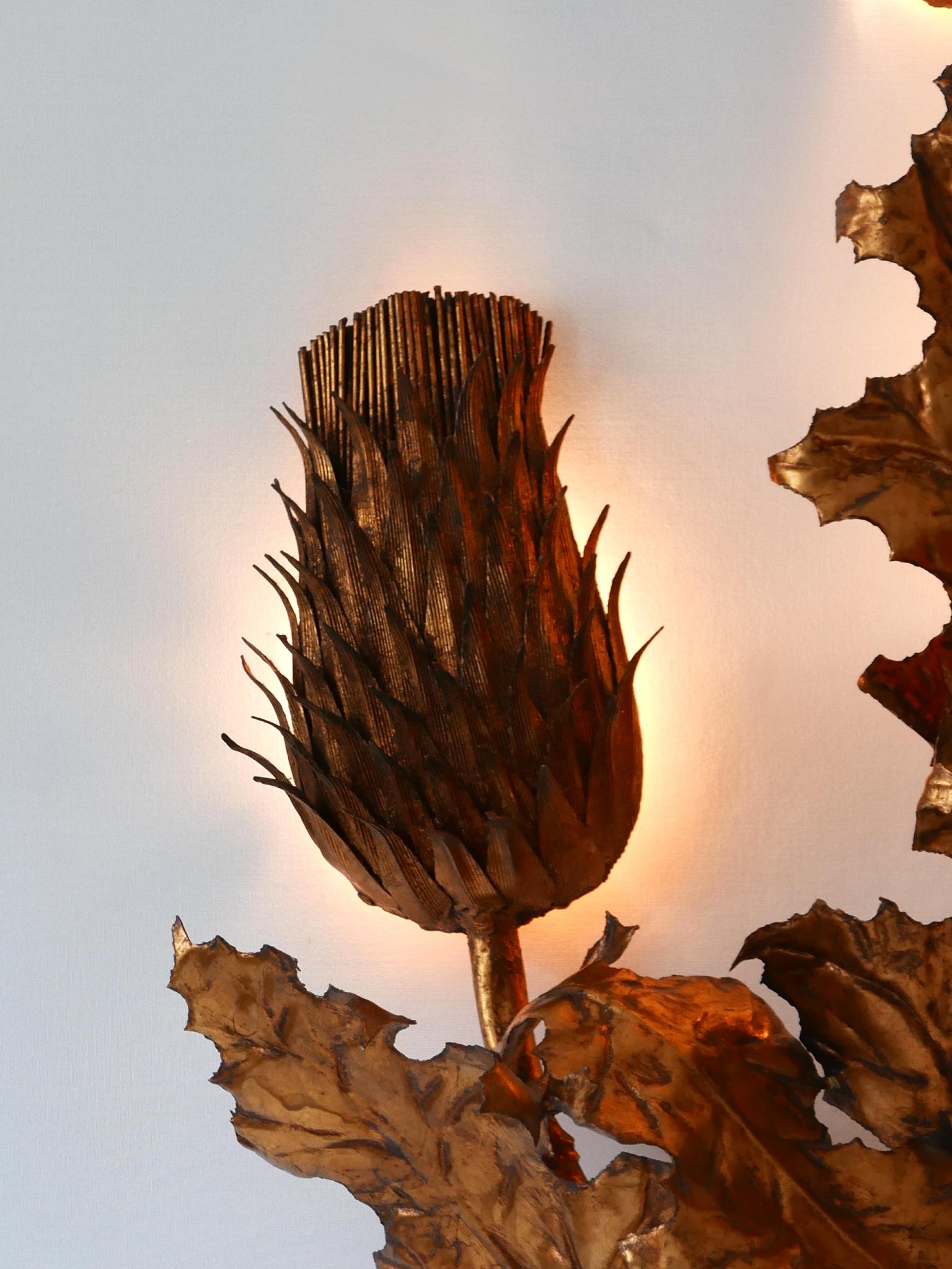 Huge Mid-Century Modern Gilt Metal Three Flamed Thistle Flower Sconce 1960s For Sale 3