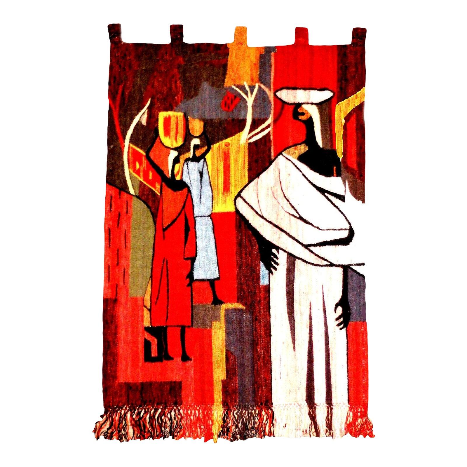 50s Huge Mid Century Modern Setsoto Design Hand Woven African Royal Family Cubist Wool  Wall Hanging Textile Art from South Africa. 

Enormous 3.5 Ft x 5 Feet Rare, highly collectible Setsoto hand woven Wool Cubist Wall Hanging with finished hanging