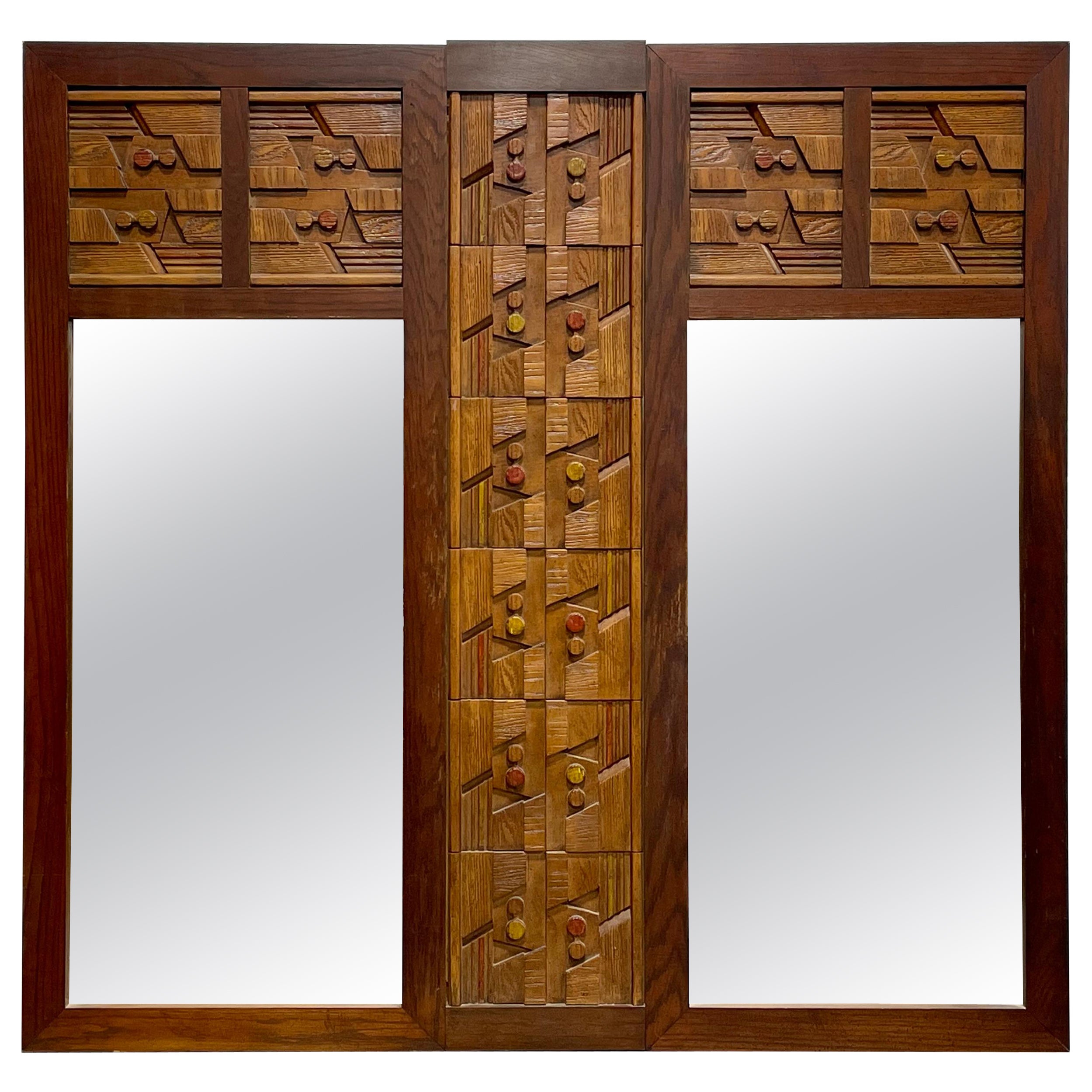 HUGE Mid Century Modern Walnut BRUTALIST MIRROR Paul Evans styled, c. 1960's