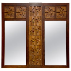 HUGE Mid Century Modern Walnut BRUTALIST MIRROR Paul Evans styled, c. 1960's