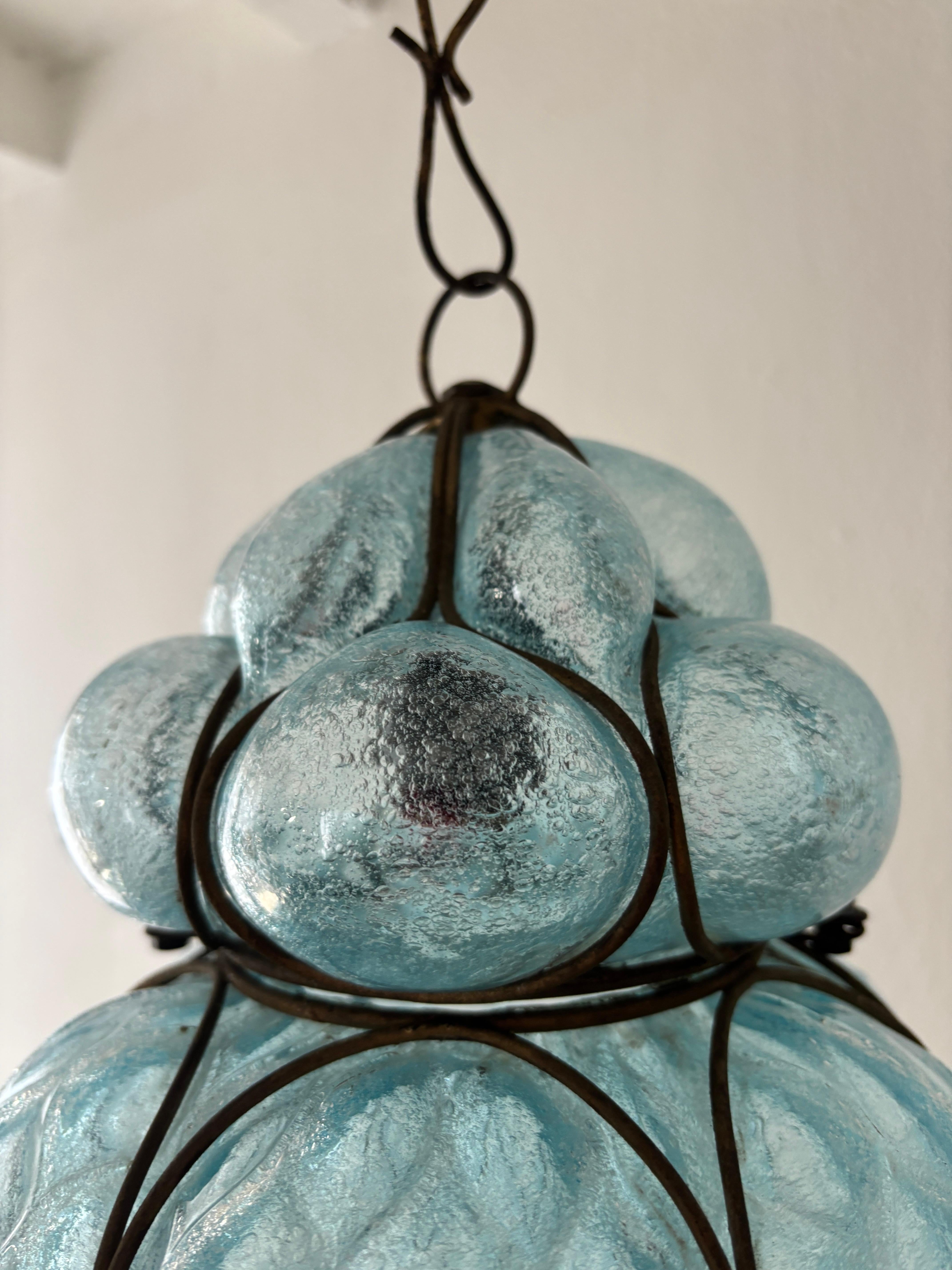 Huge Mid-Century Seguso Murano Blue Aqua Blown Bubble Lantern Chandelier Rare For Sale 3