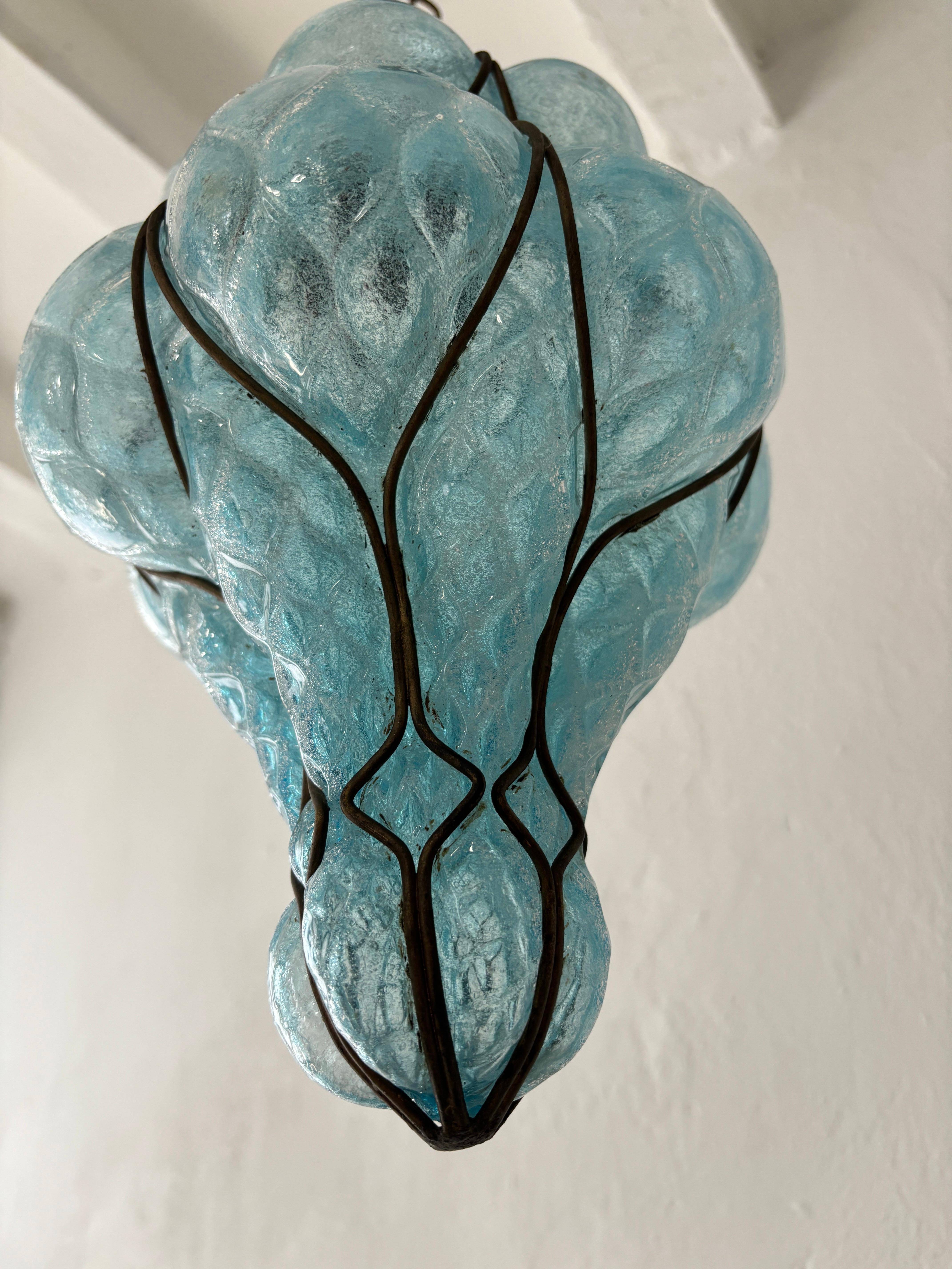 Huge Mid-Century Seguso Murano Blue Aqua Blown Bubble Lantern Chandelier Rare For Sale 4