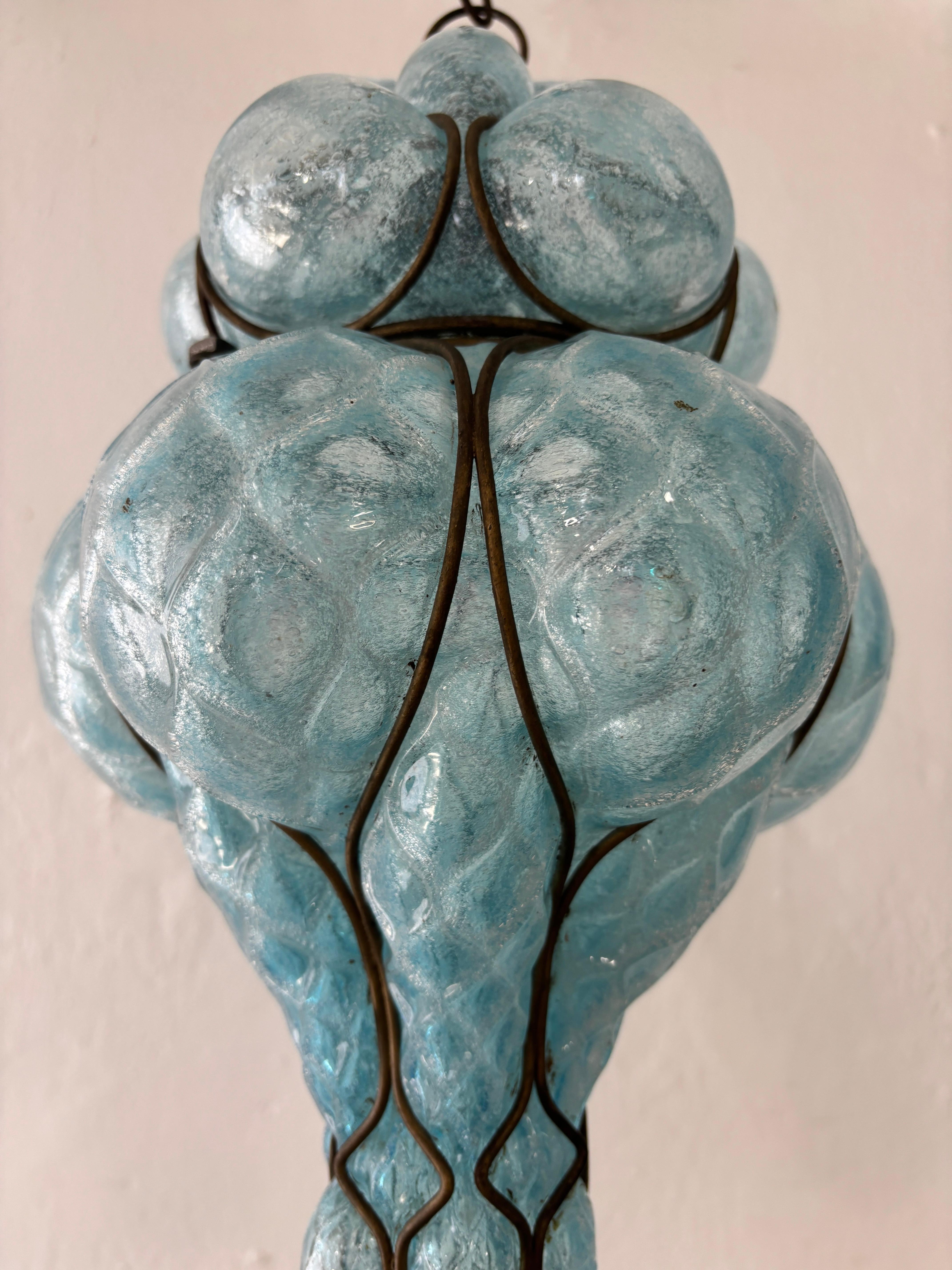 Italian Huge Mid-Century Seguso Murano Blue Aqua Blown Bubble Lantern Chandelier Rare For Sale