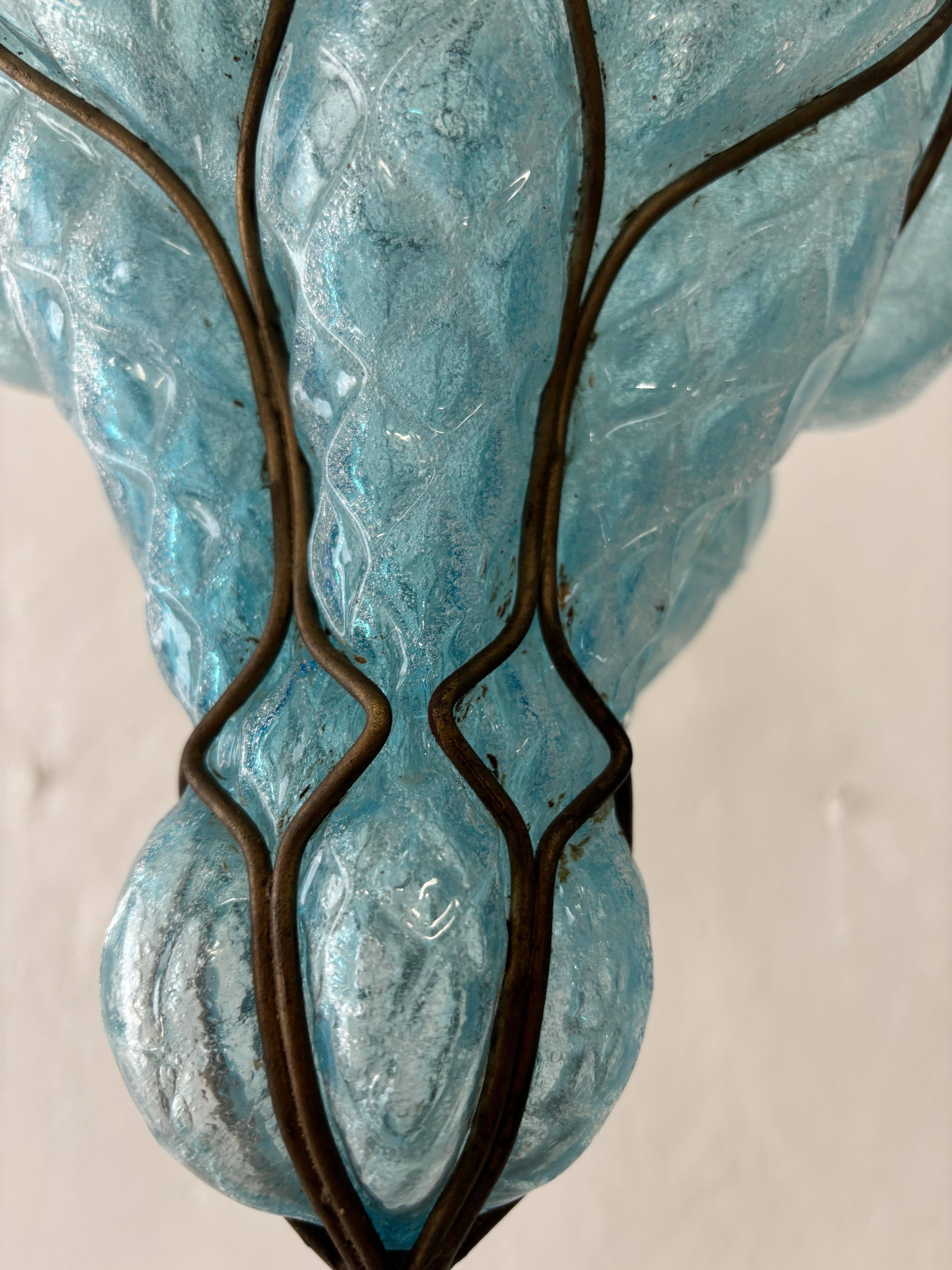 Huge Mid-Century Seguso Murano Blue Aqua Blown Bubble Lantern Chandelier Rare In Good Condition For Sale In Firenze, Toscana
