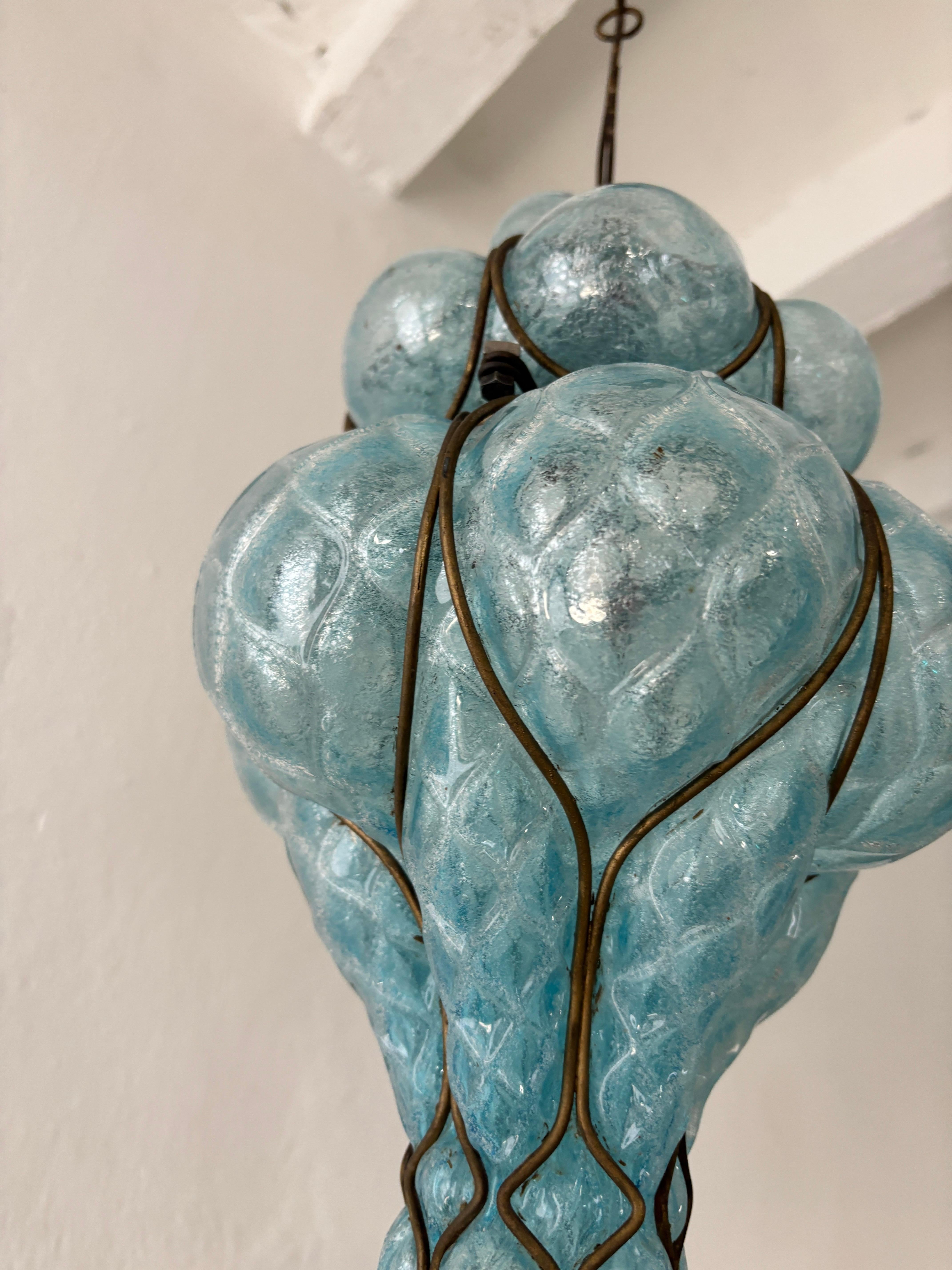 Murano Glass Huge Mid-Century Seguso Murano Blue Aqua Blown Bubble Lantern Chandelier Rare For Sale