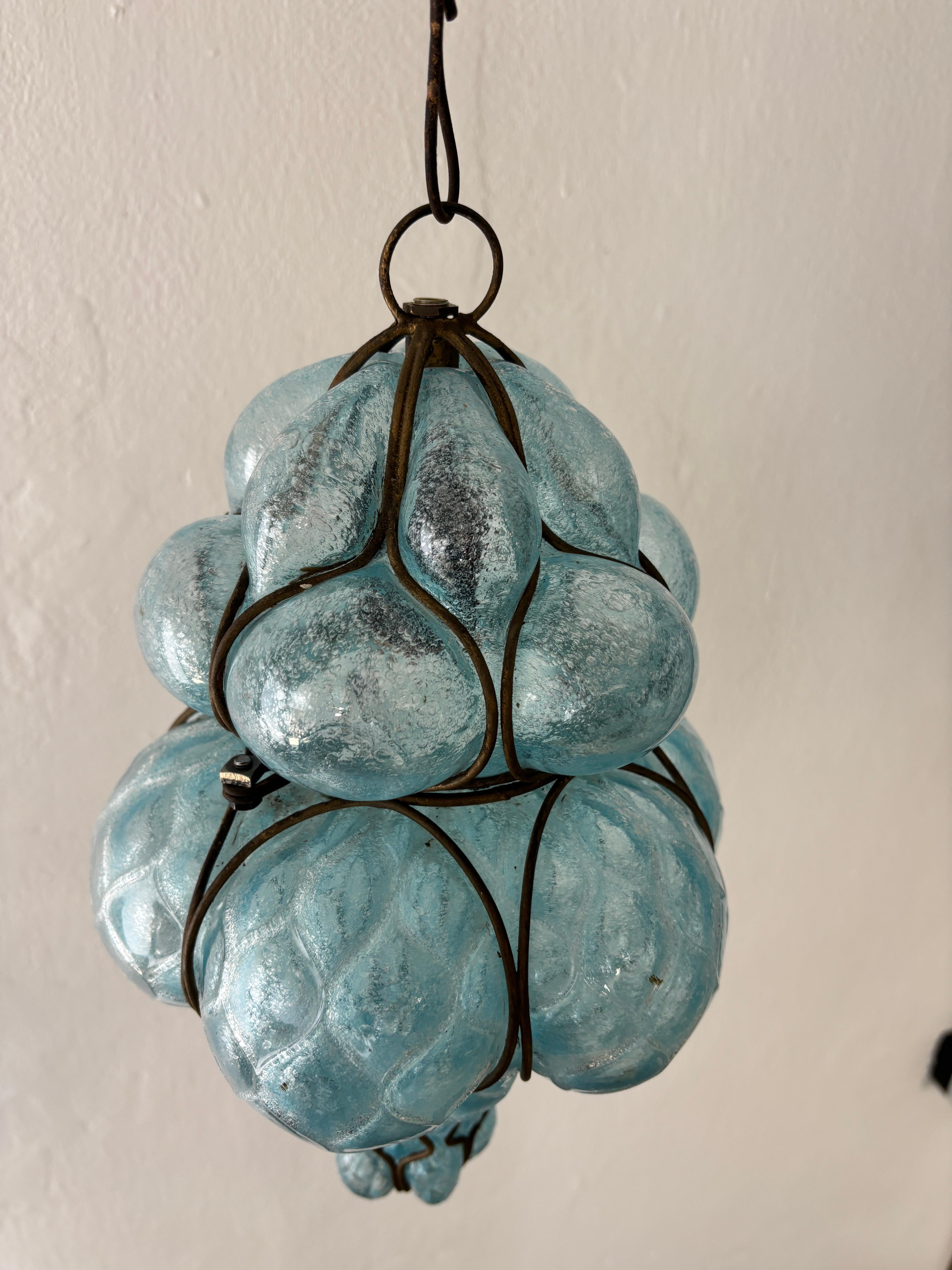 Huge Mid-Century Seguso Murano Blue Aqua Blown Bubble Lantern Chandelier Rare For Sale 1