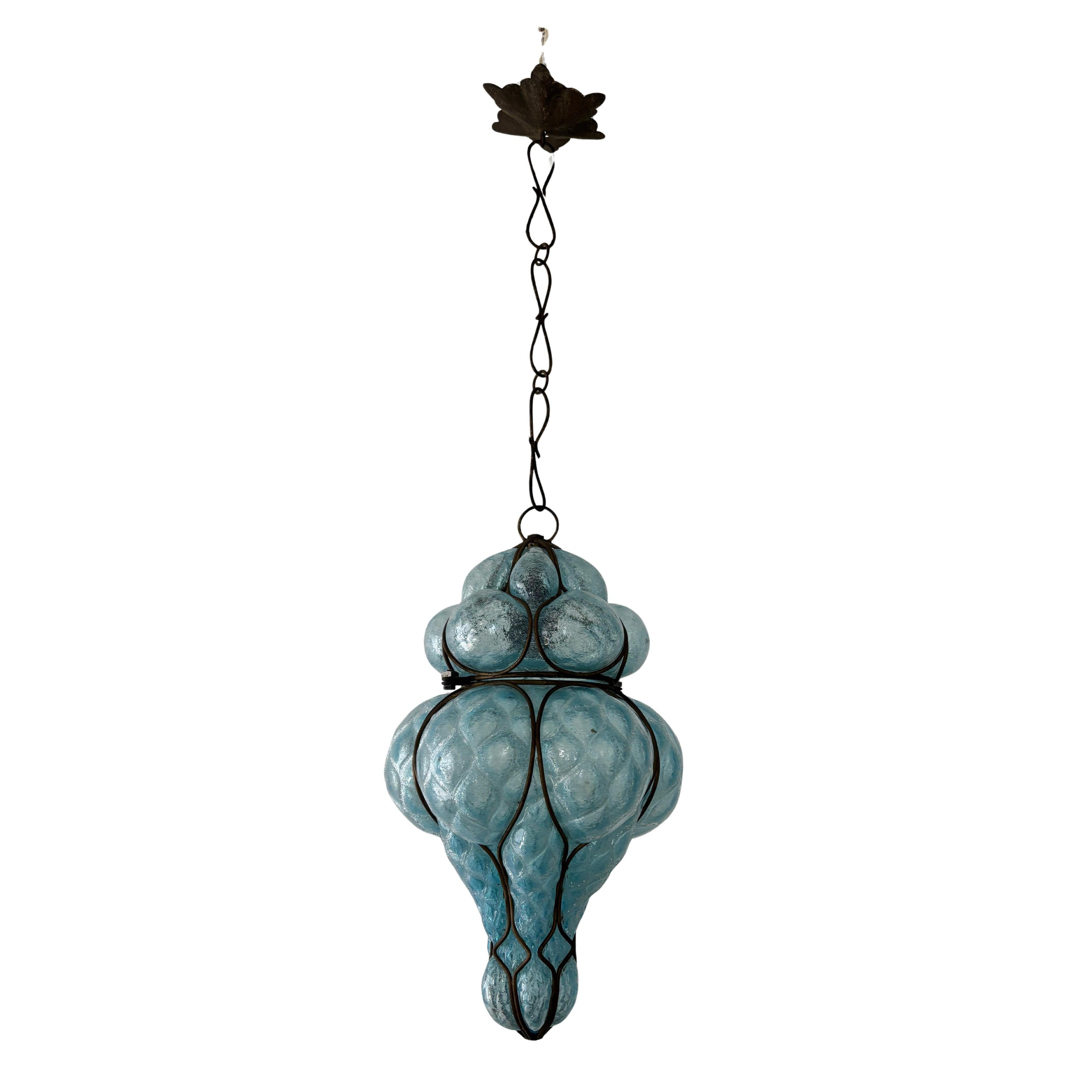 Huge Mid-Century Seguso Murano Blue Aqua Blown Bubble Lantern Chandelier Rare For Sale