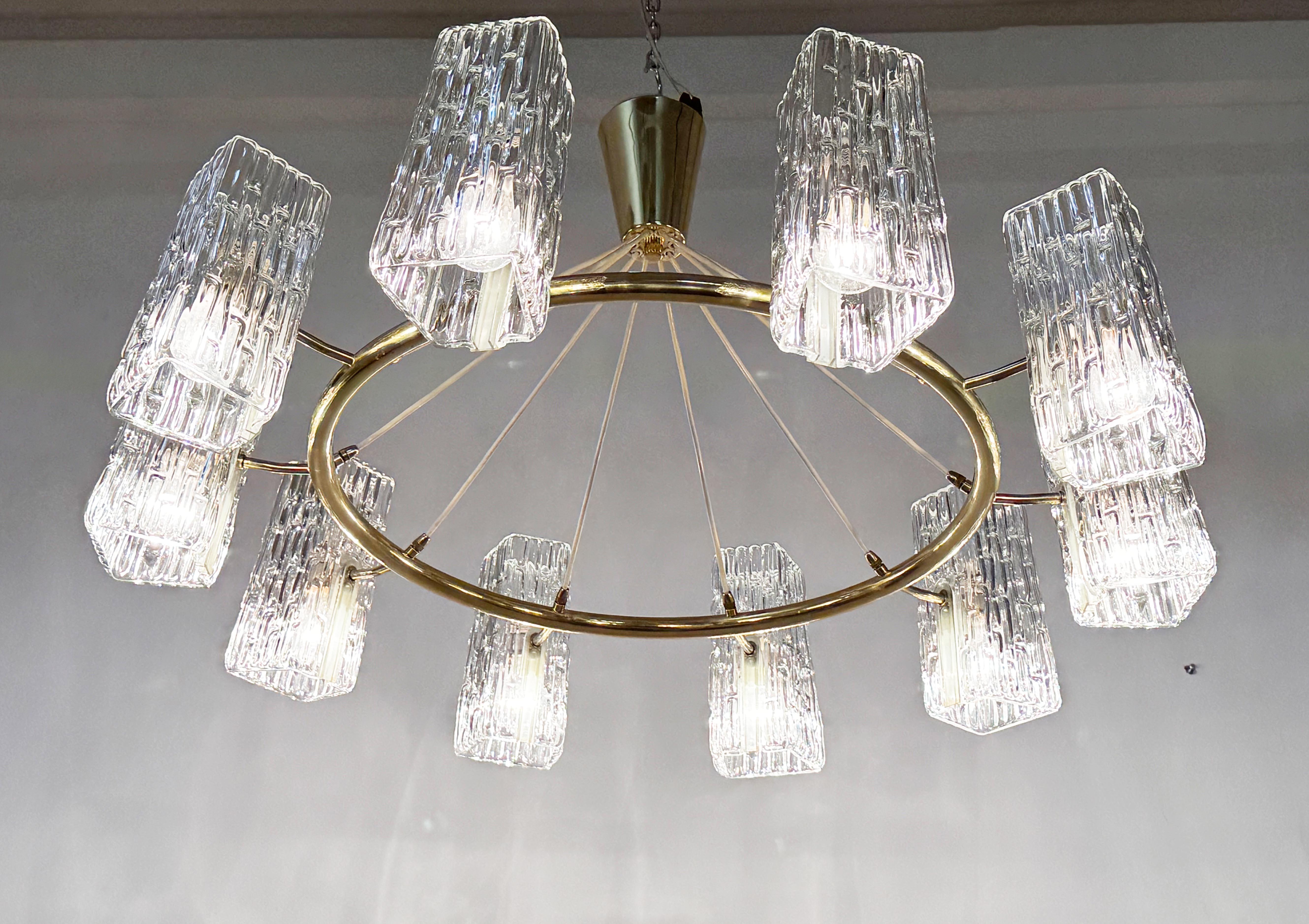 Huge Midcentury Brass Chandelier With Pressed Glass Shades By Rupert Nikoll For Sale 4