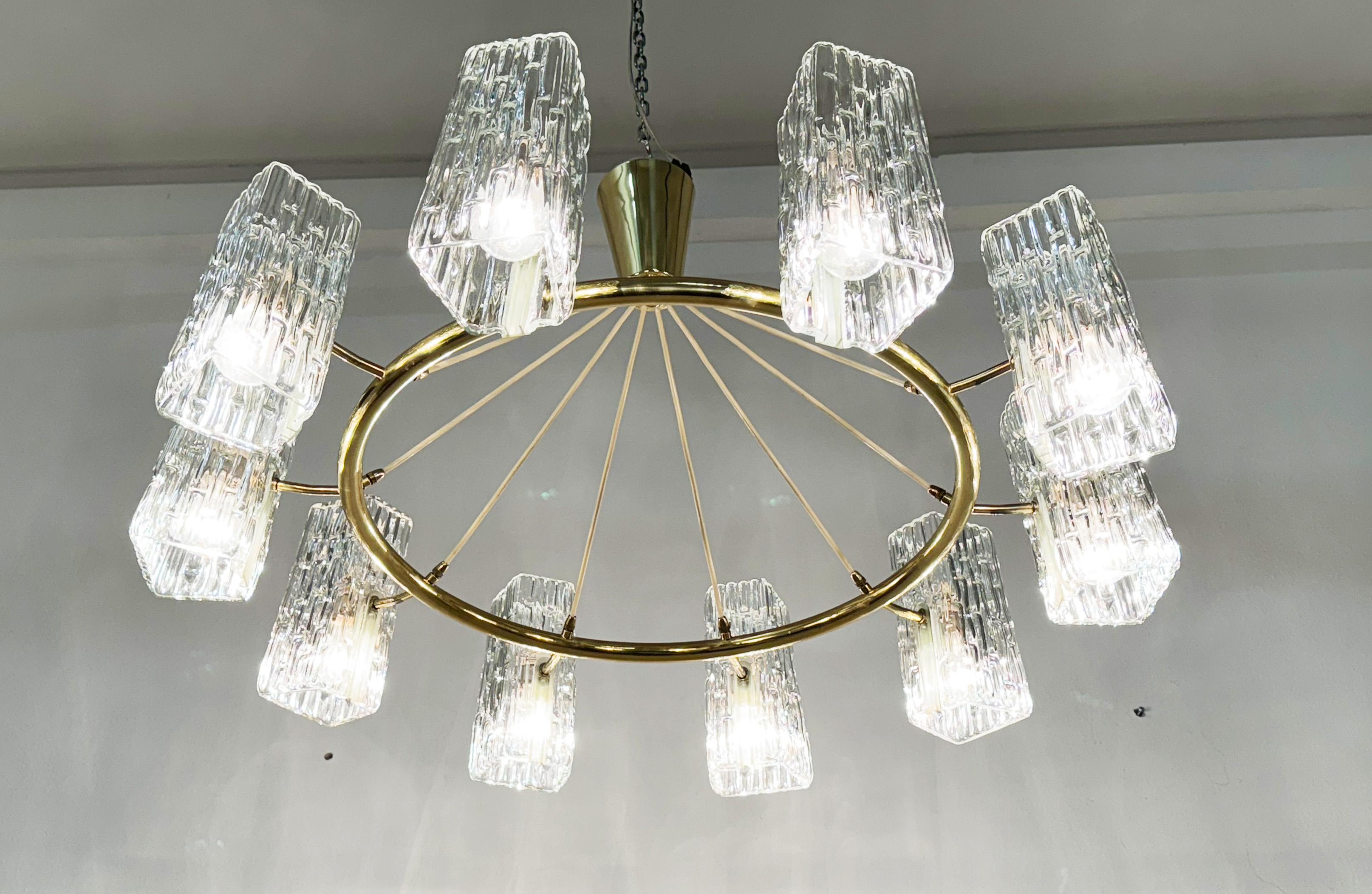 Huge Midcentury Brass Chandelier With Pressed Glass Shades By Rupert Nikoll For Sale 5