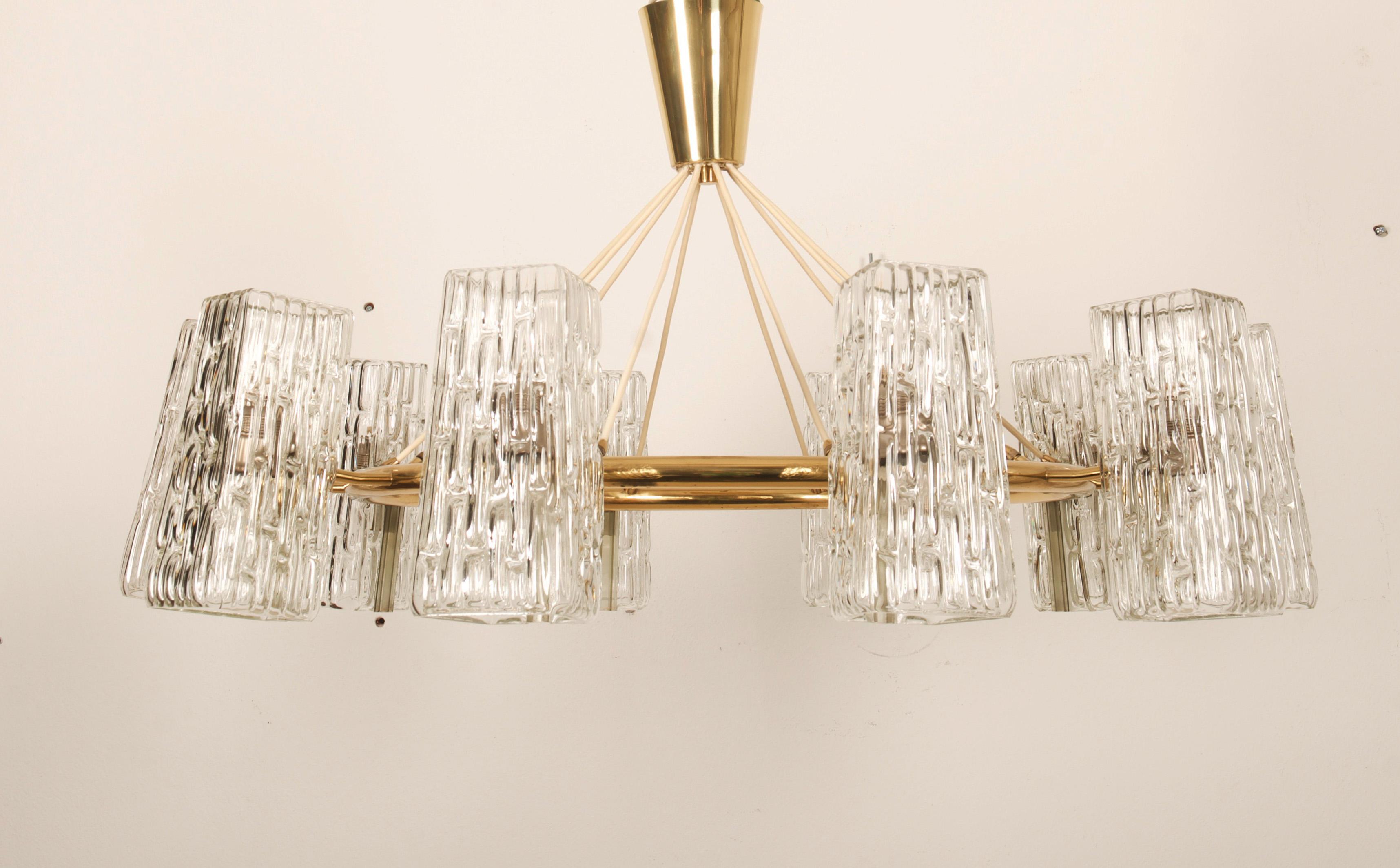 Huge Midcentury Brass Chandelier With Pressed Glass Shades By Rupert Nikoll For Sale 6