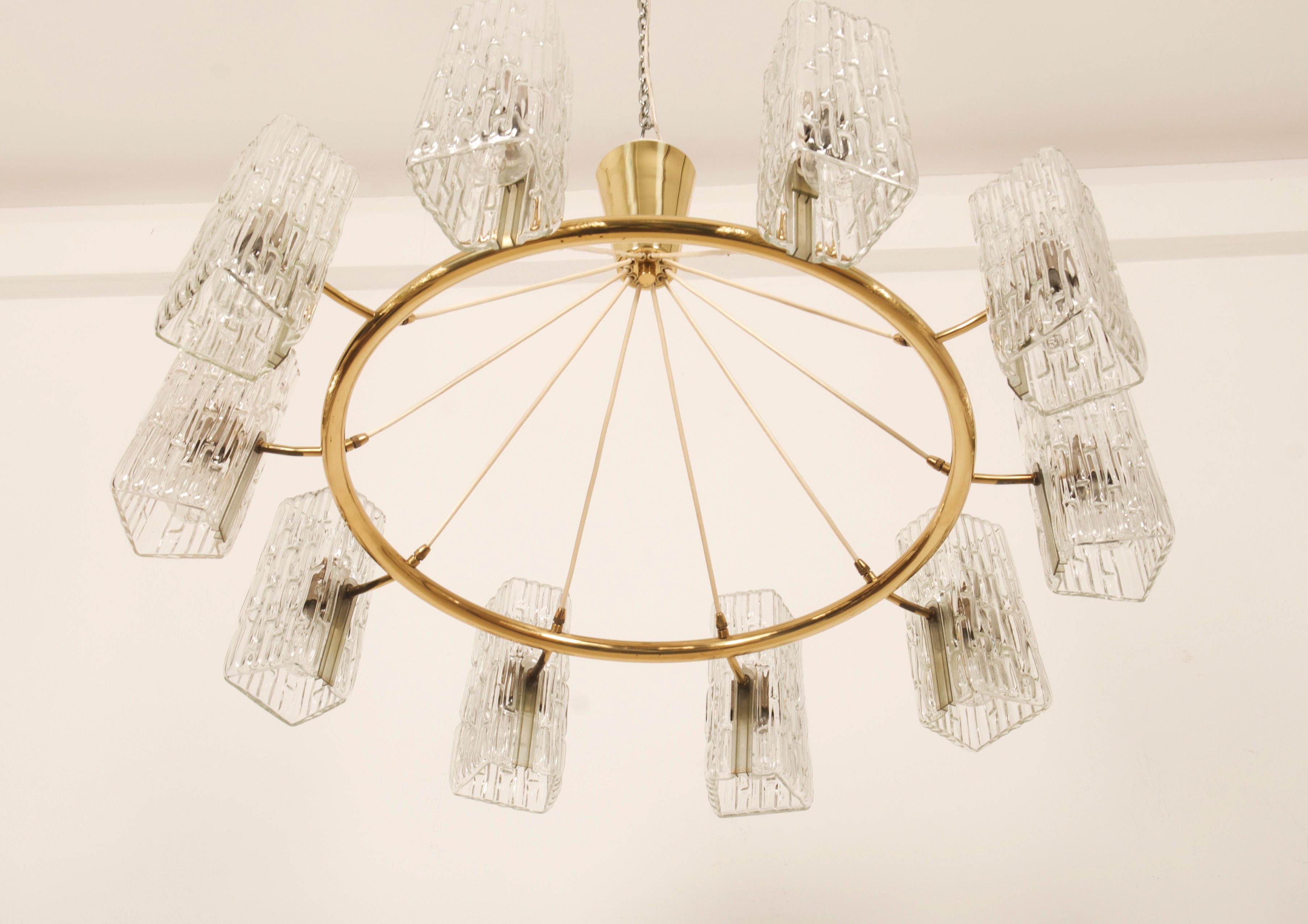 Huge Midcentury Brass Chandelier With Pressed Glass Shades By Rupert Nikoll For Sale 7