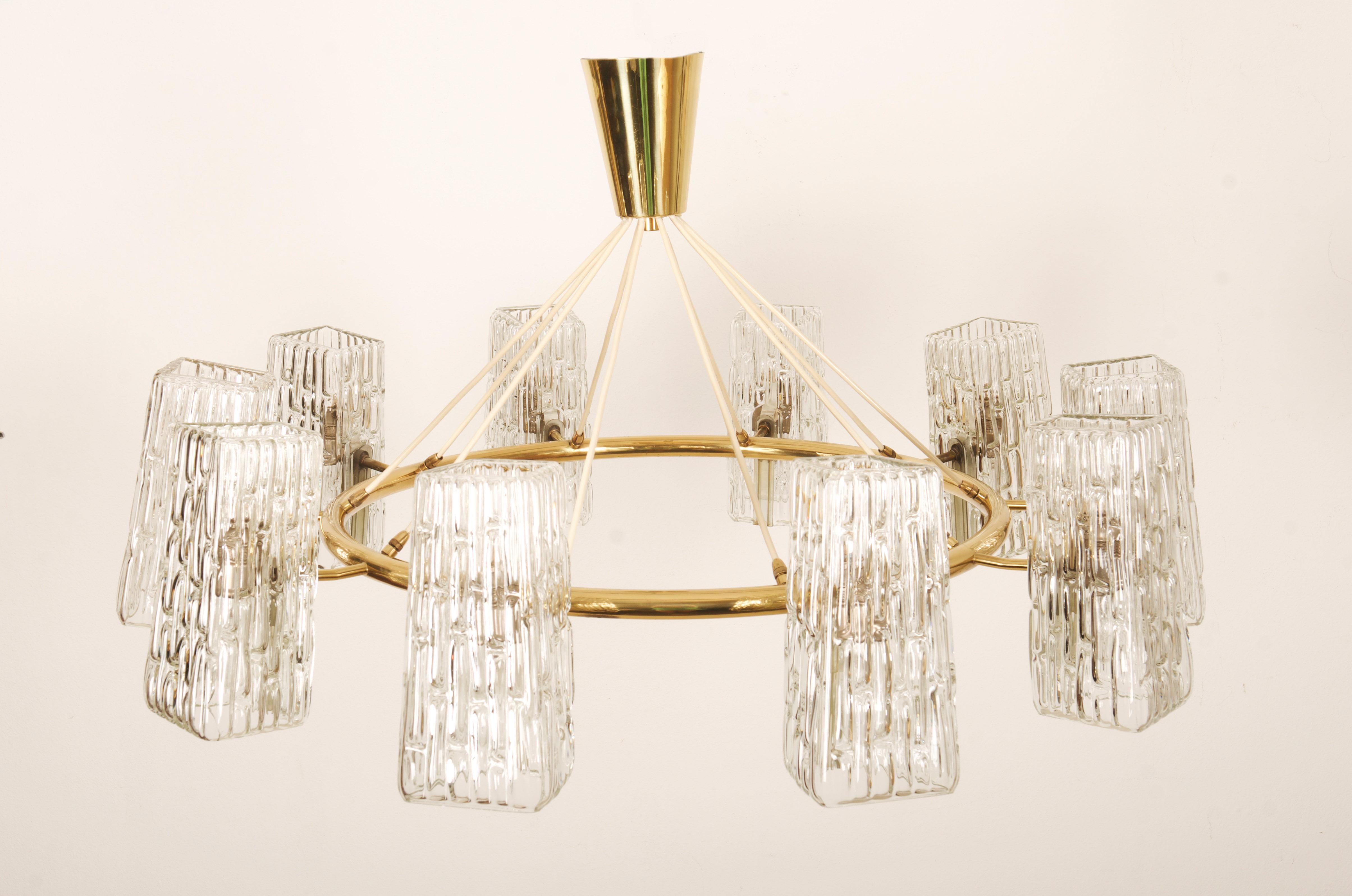 Huge Midcentury Brass Chandelier With Pressed Glass Shades By Rupert Nikoll For Sale 9