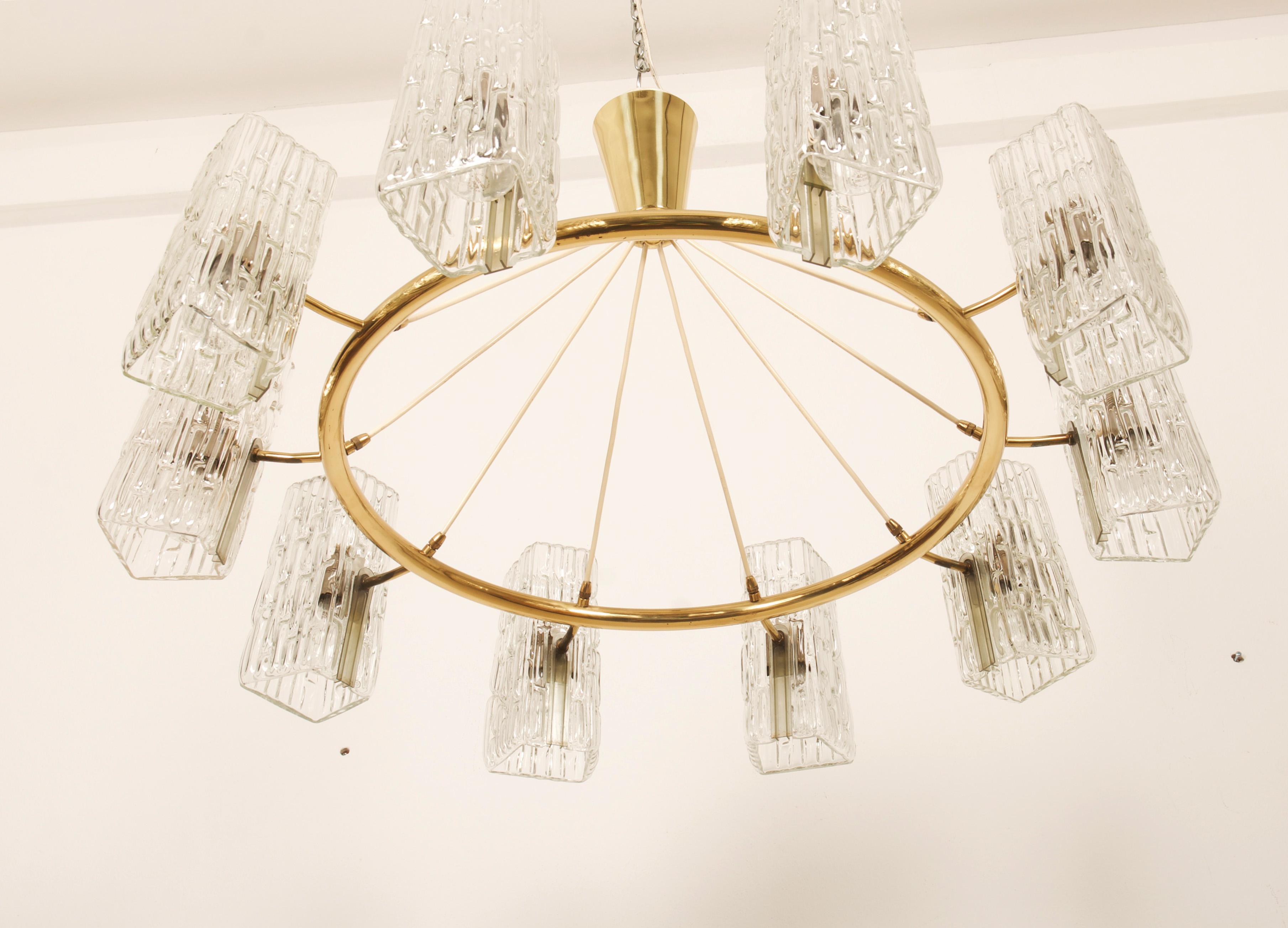 Mid-Century Modern Huge Midcentury Brass Chandelier With Pressed Glass Shades By Rupert Nikoll For Sale
