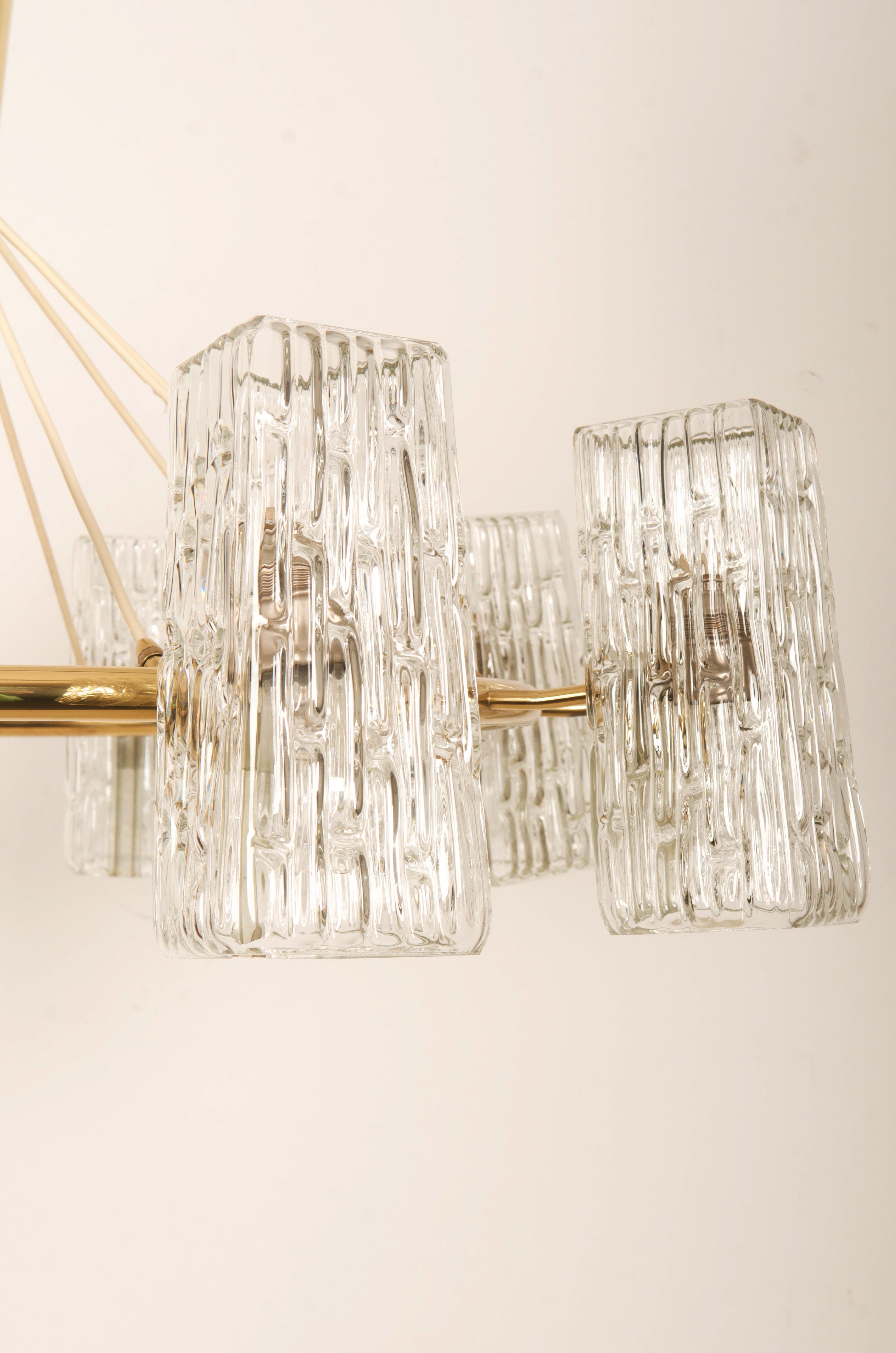 Austrian Huge Midcentury Brass Chandelier With Pressed Glass Shades By Rupert Nikoll For Sale