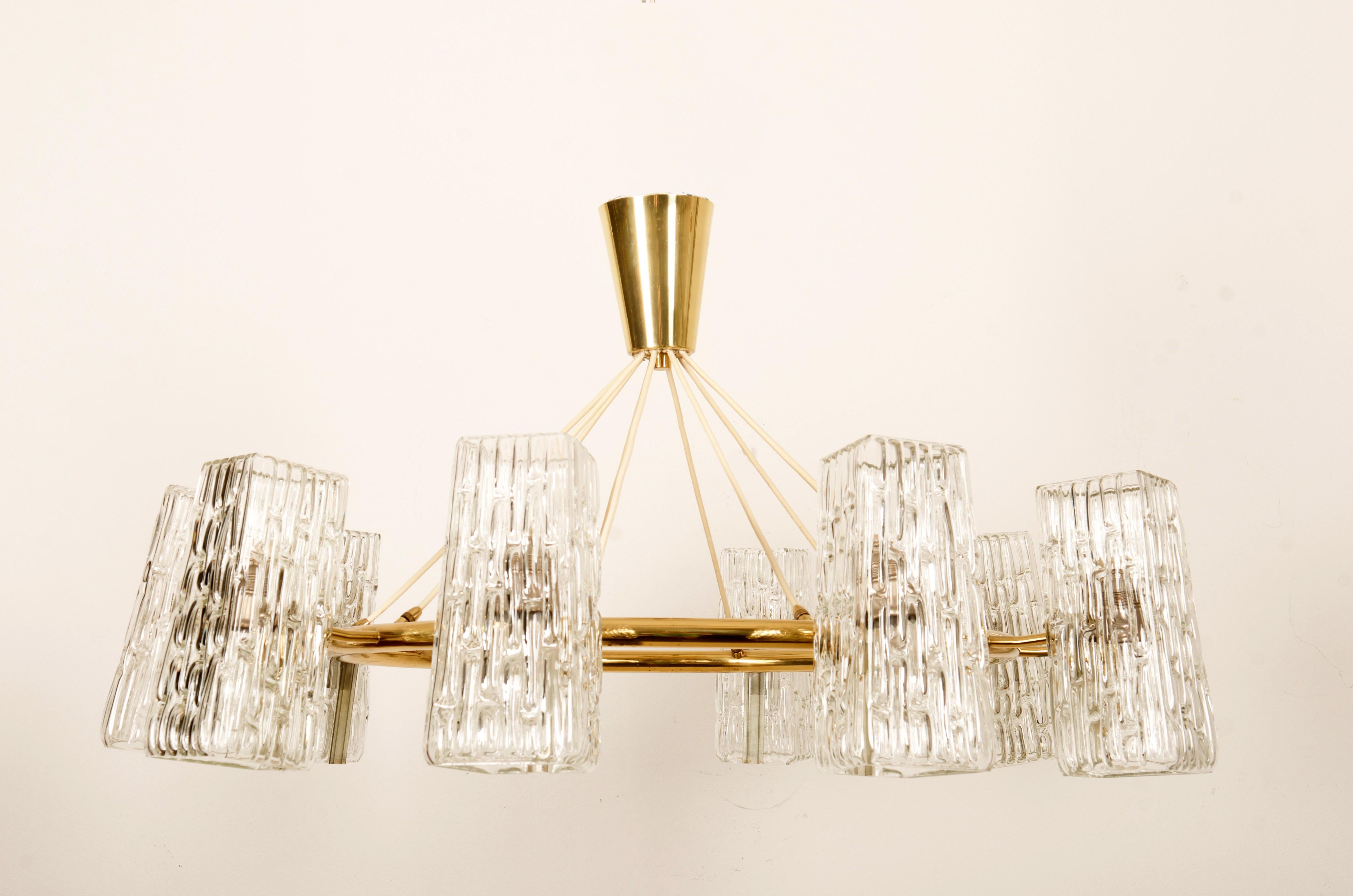 Huge Midcentury Brass Chandelier With Pressed Glass Shades By Rupert Nikoll For Sale 1