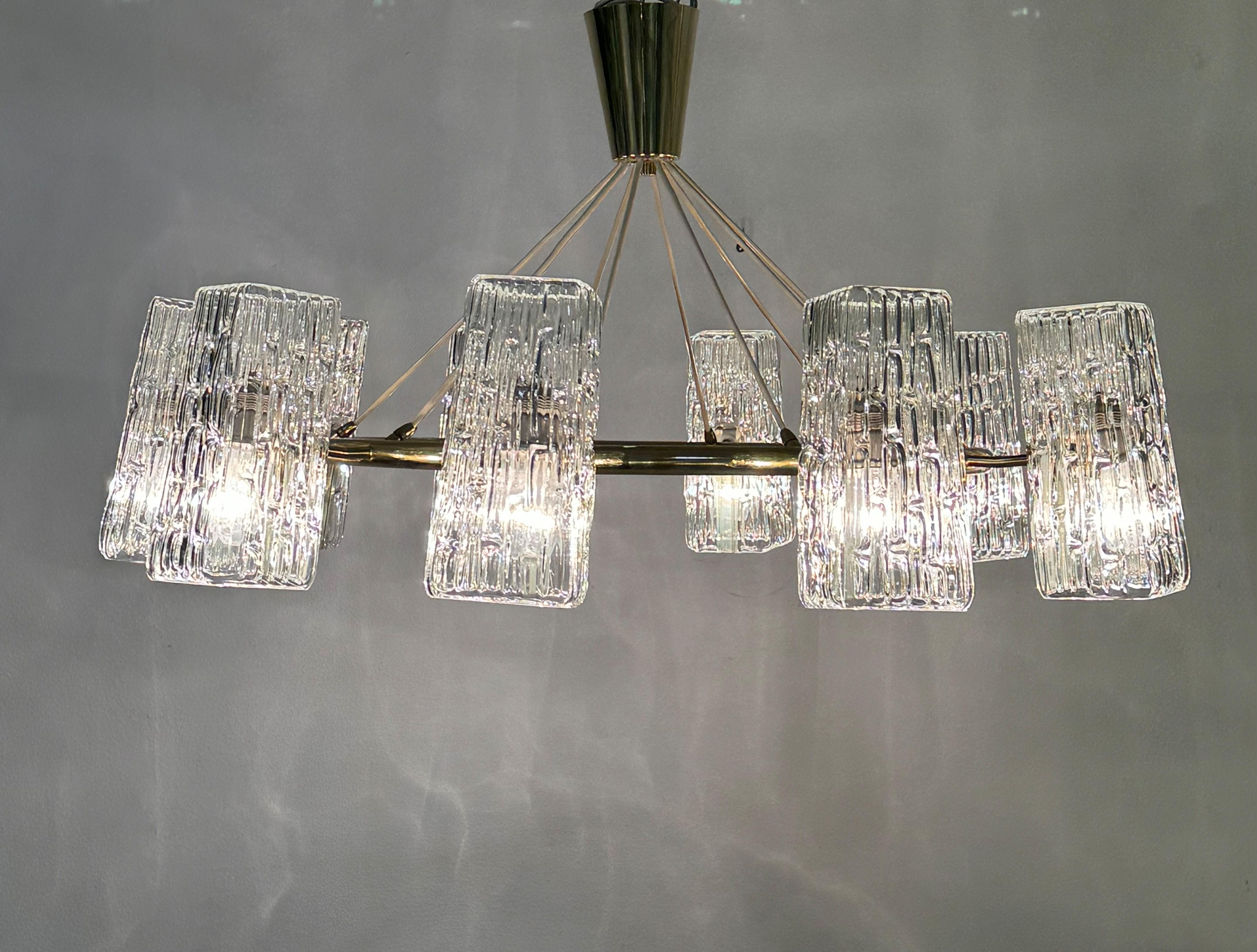 Huge Midcentury Brass Chandelier With Pressed Glass Shades By Rupert Nikoll For Sale 2