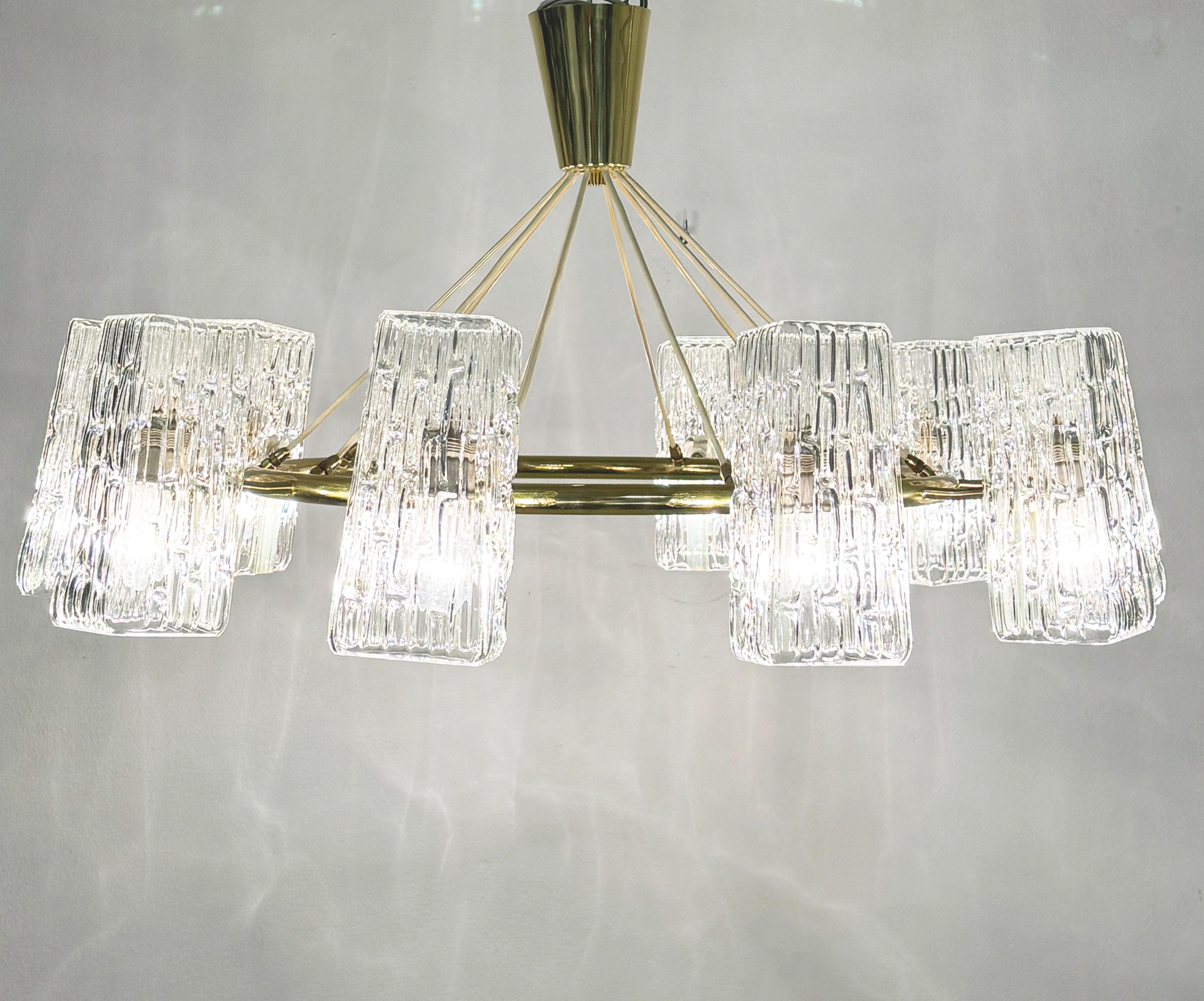 Huge Midcentury Brass Chandelier With Pressed Glass Shades By Rupert Nikoll For Sale 3