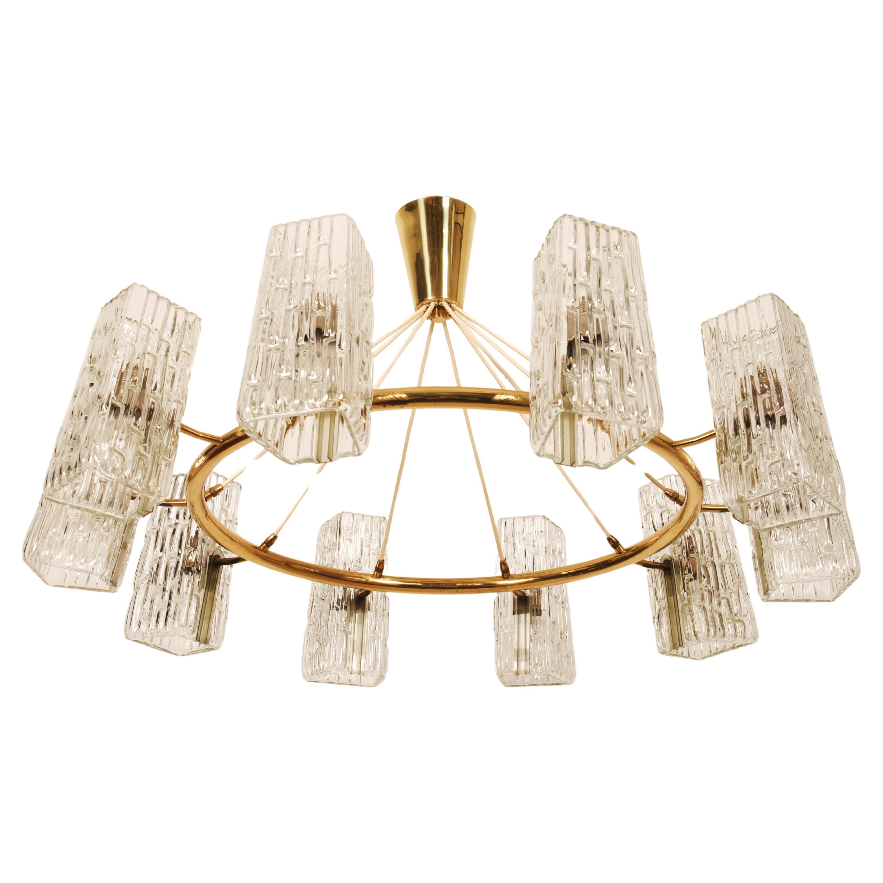 Huge Midcentury Brass Chandelier With Pressed Glass Shades By Rupert Nikoll For Sale