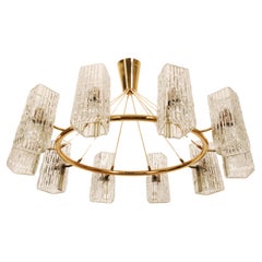 Huge Midcentury Brass Chandelier With Pressed Glass Shades By Rupert Nikoll