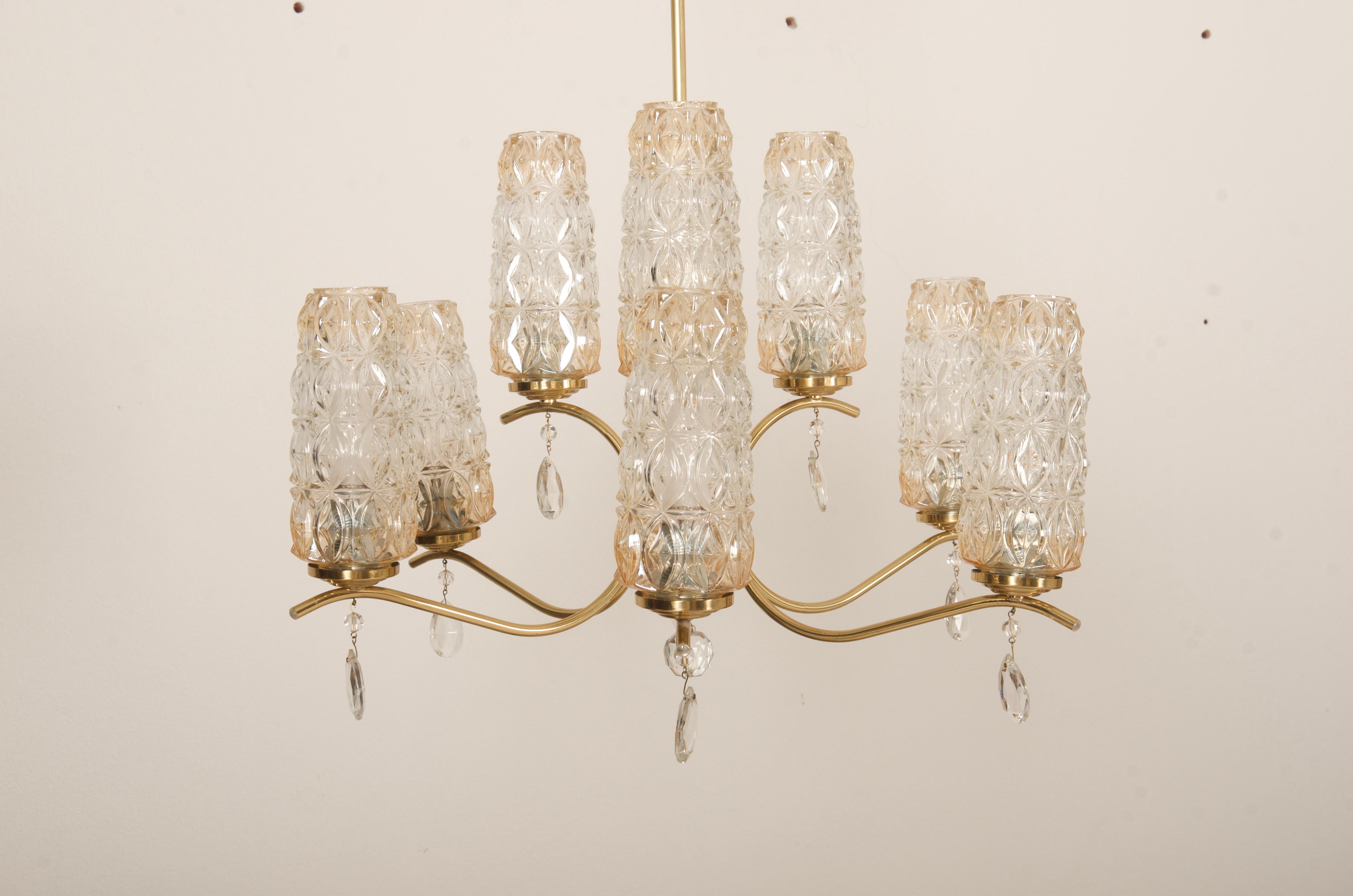 Huge Midcentury Brass Glass Chandelier In Good Condition For Sale In Vienna, AT