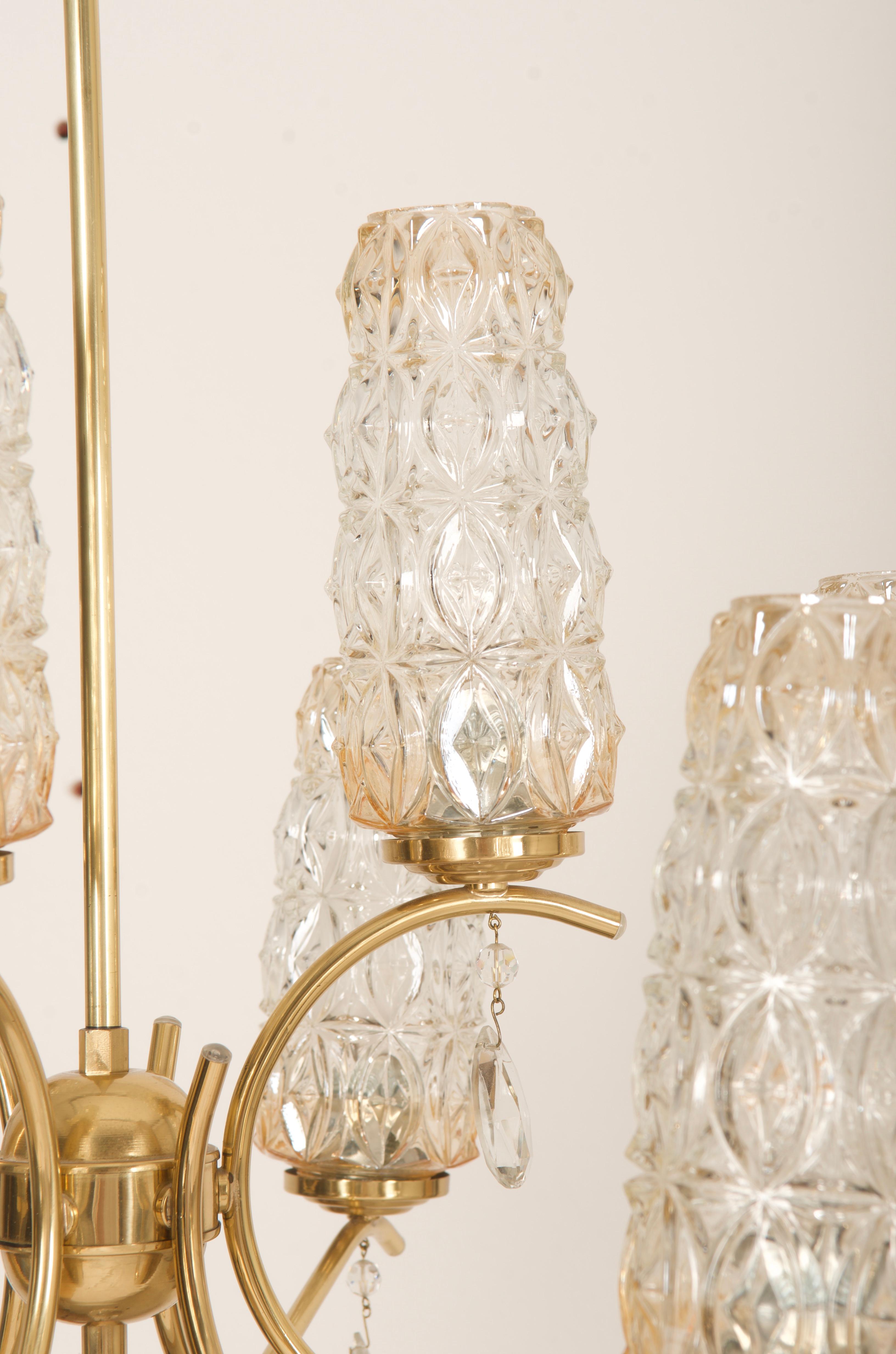 Mid-20th Century Huge Midcentury Brass Glass Chandelier For Sale