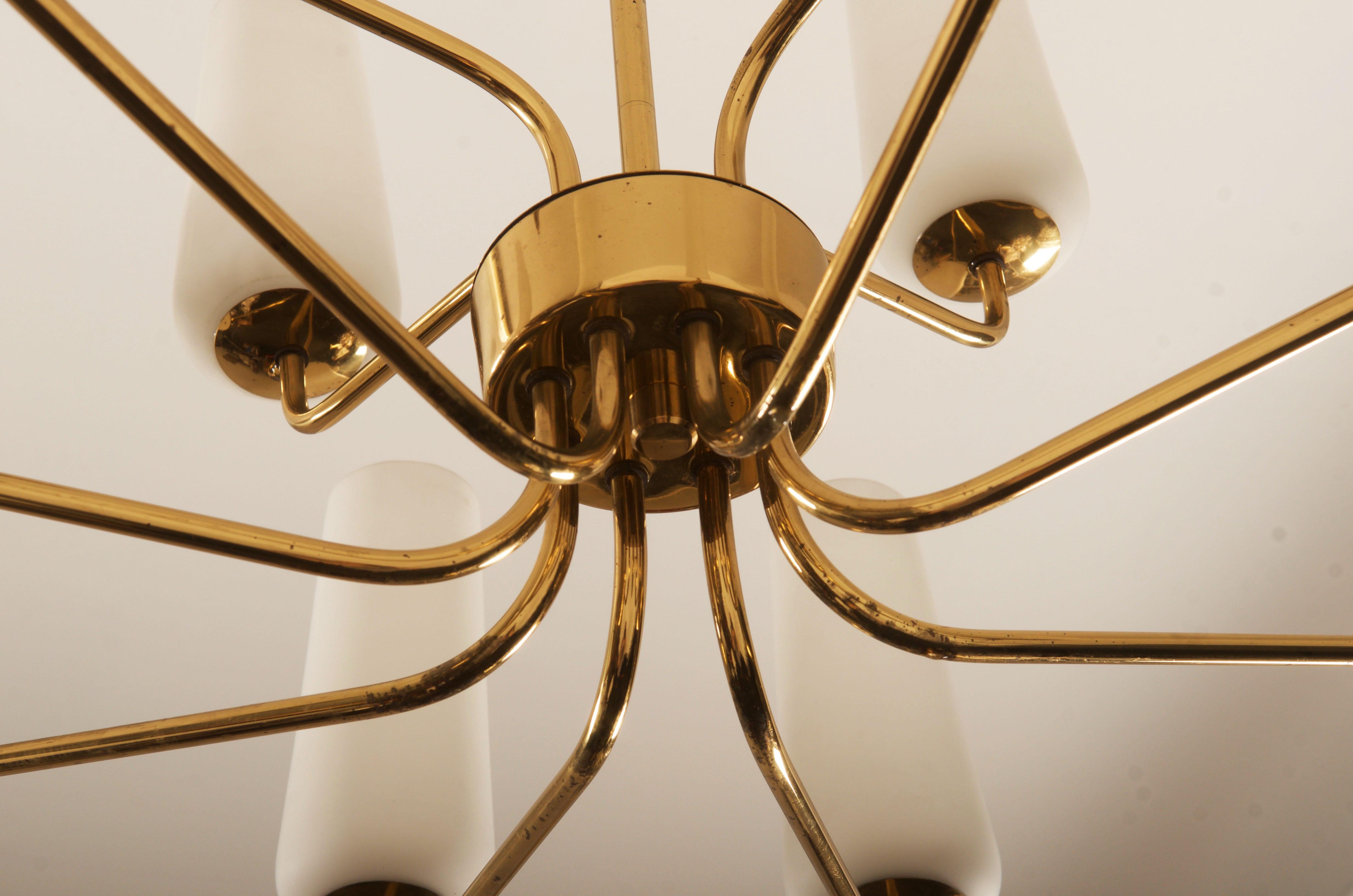 Huge Midcentury Brass Opal Glass Chandelier by Rupert Nikoll 4