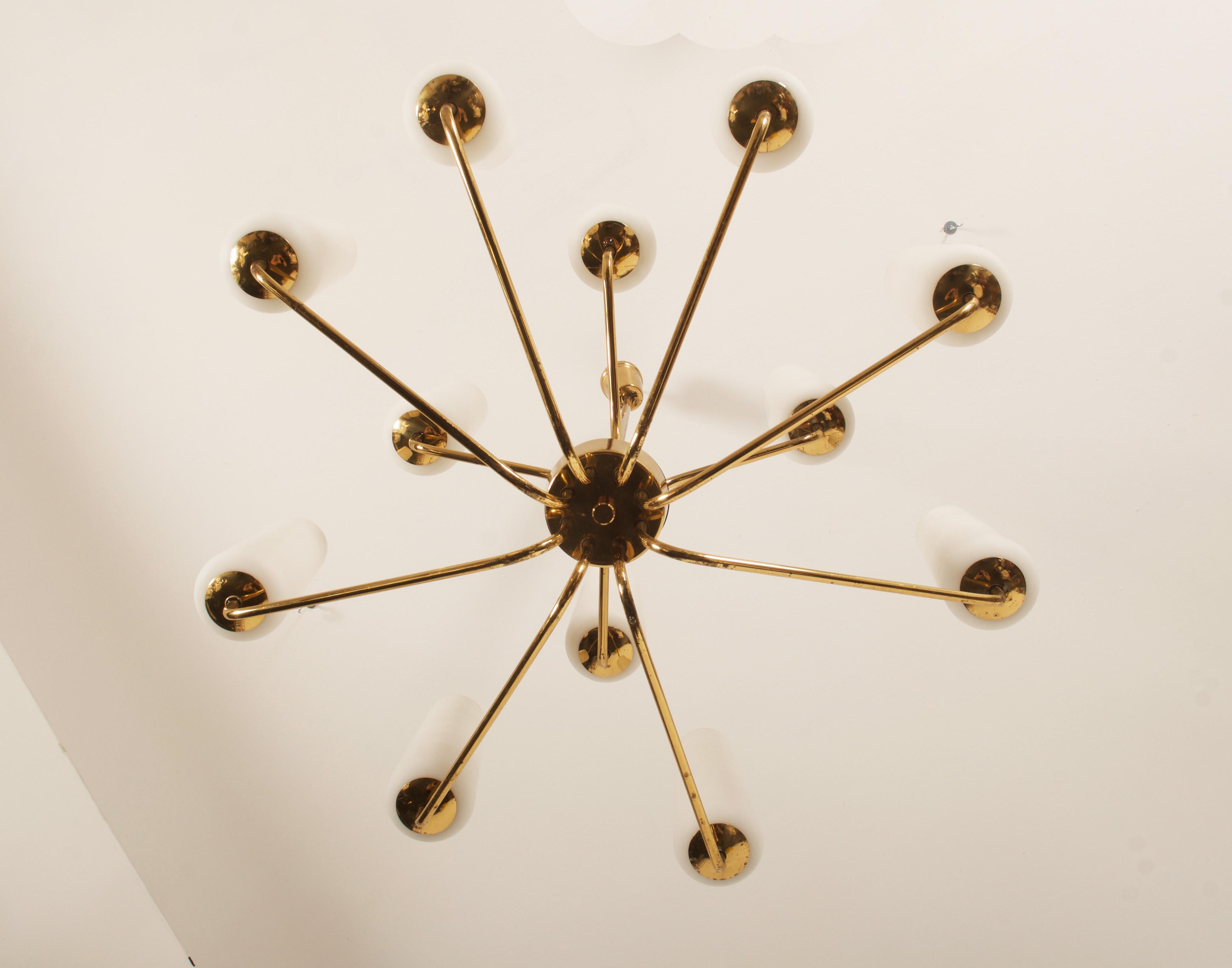 Huge Midcentury Brass Opal Glass Chandelier by Rupert Nikoll 7