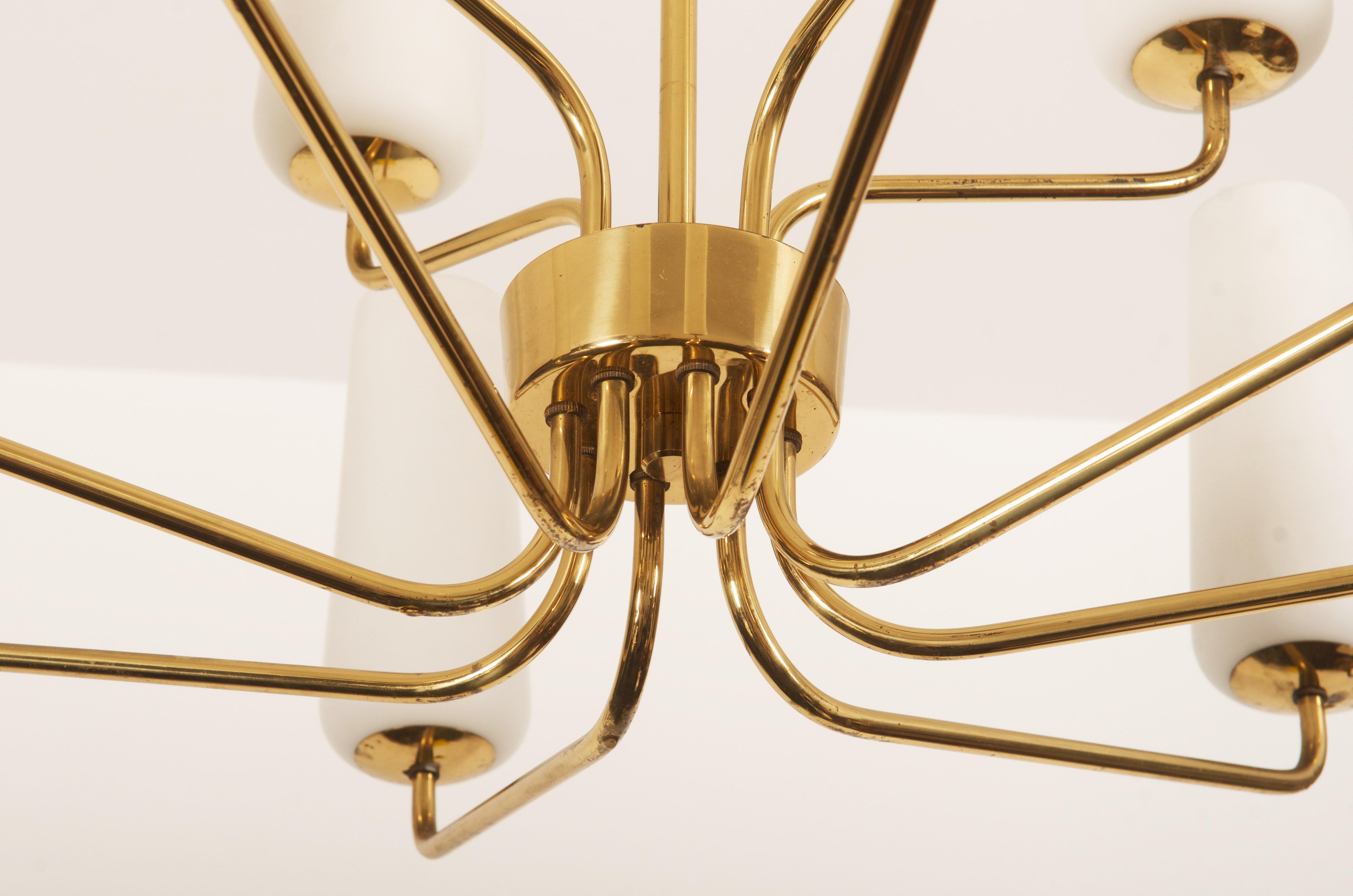 Huge Midcentury Brass Opal Glass Chandelier by Rupert Nikoll 2